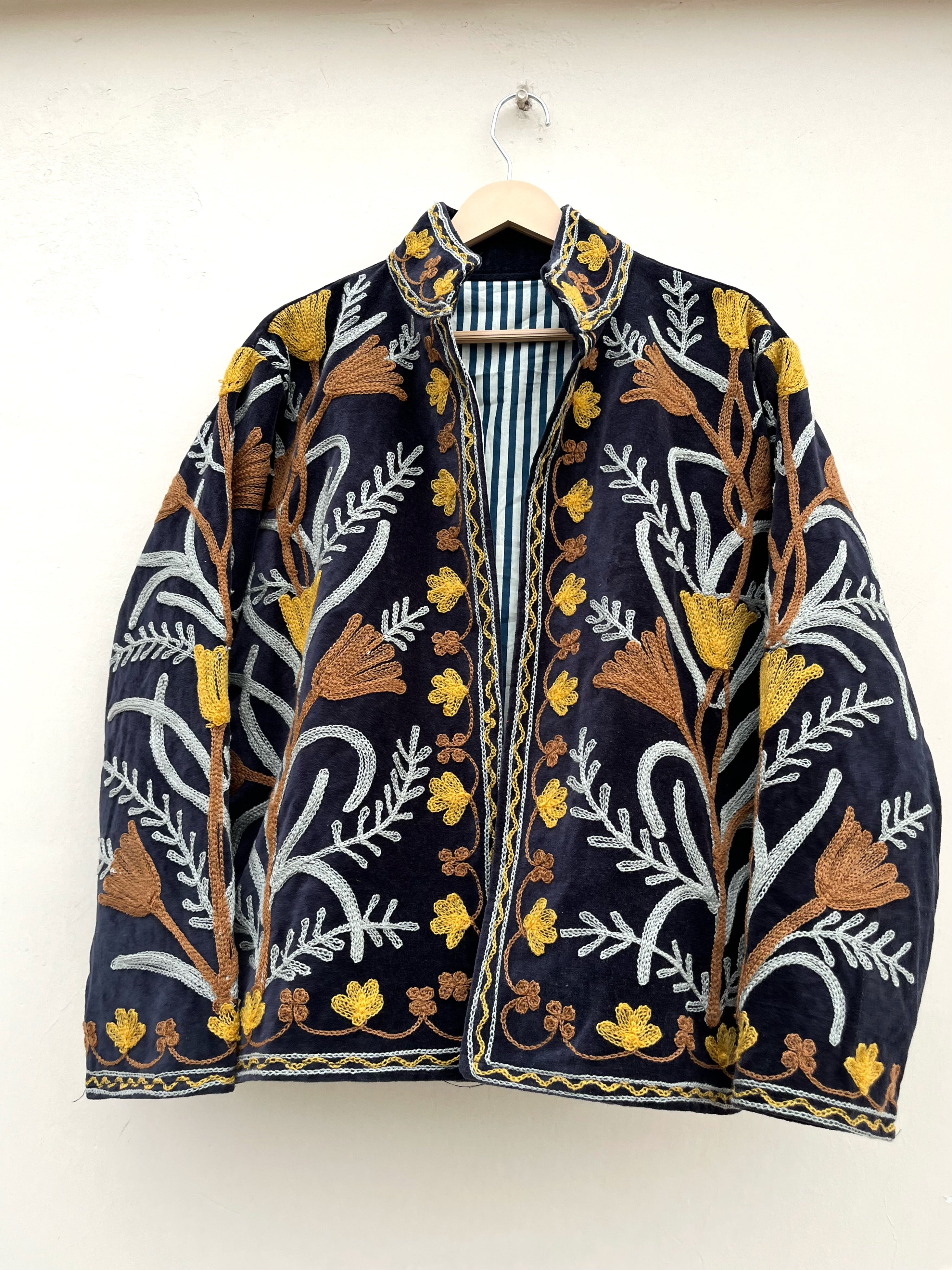 Navy Botanical Embroidered Velvet Jacket