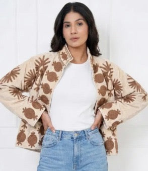 Beige Embroidered Velvet Jacket – Elegant Printed Winter Layer