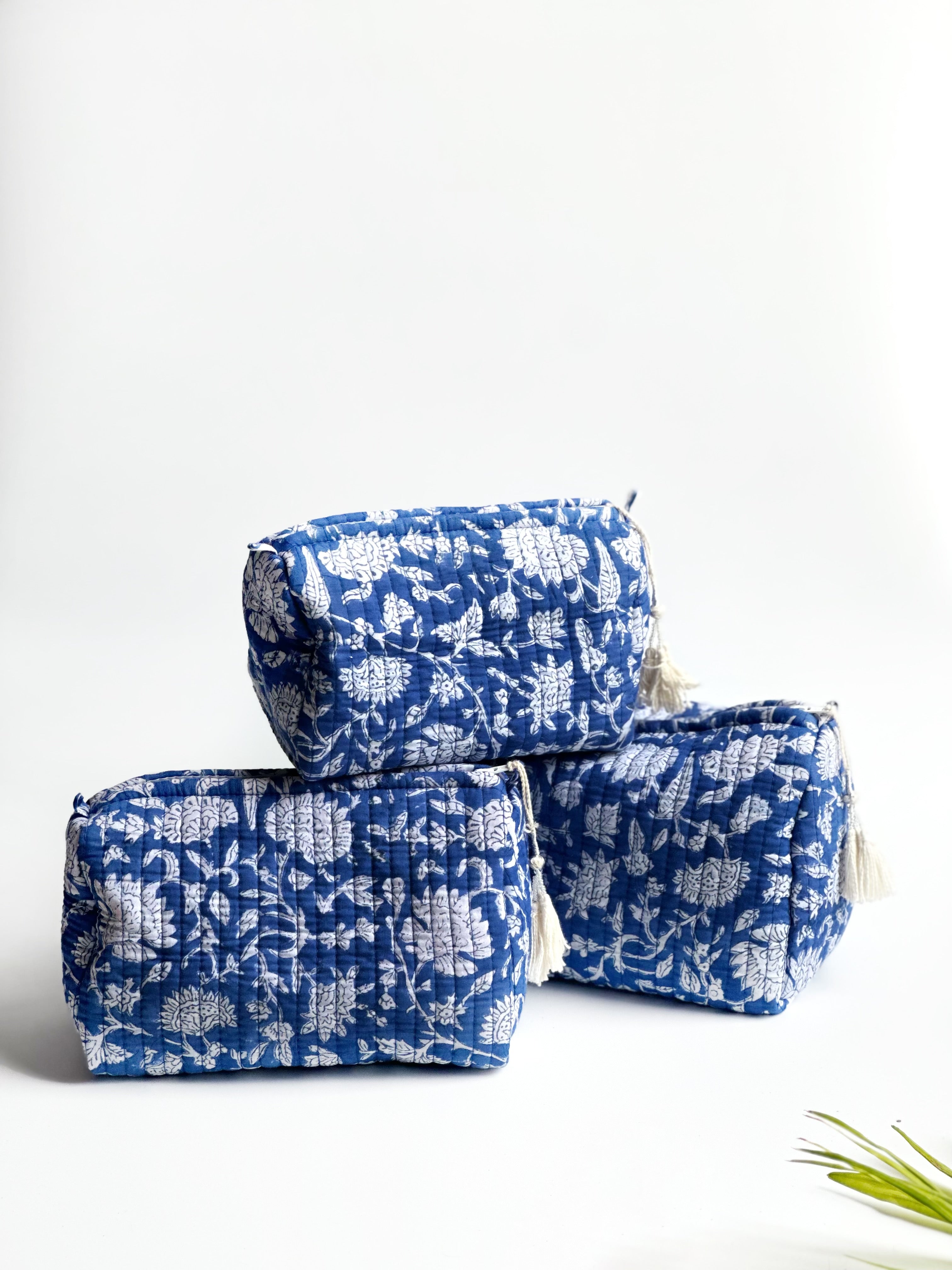 Indigo Bloom Quilted Cosmetic Bag Set of 3