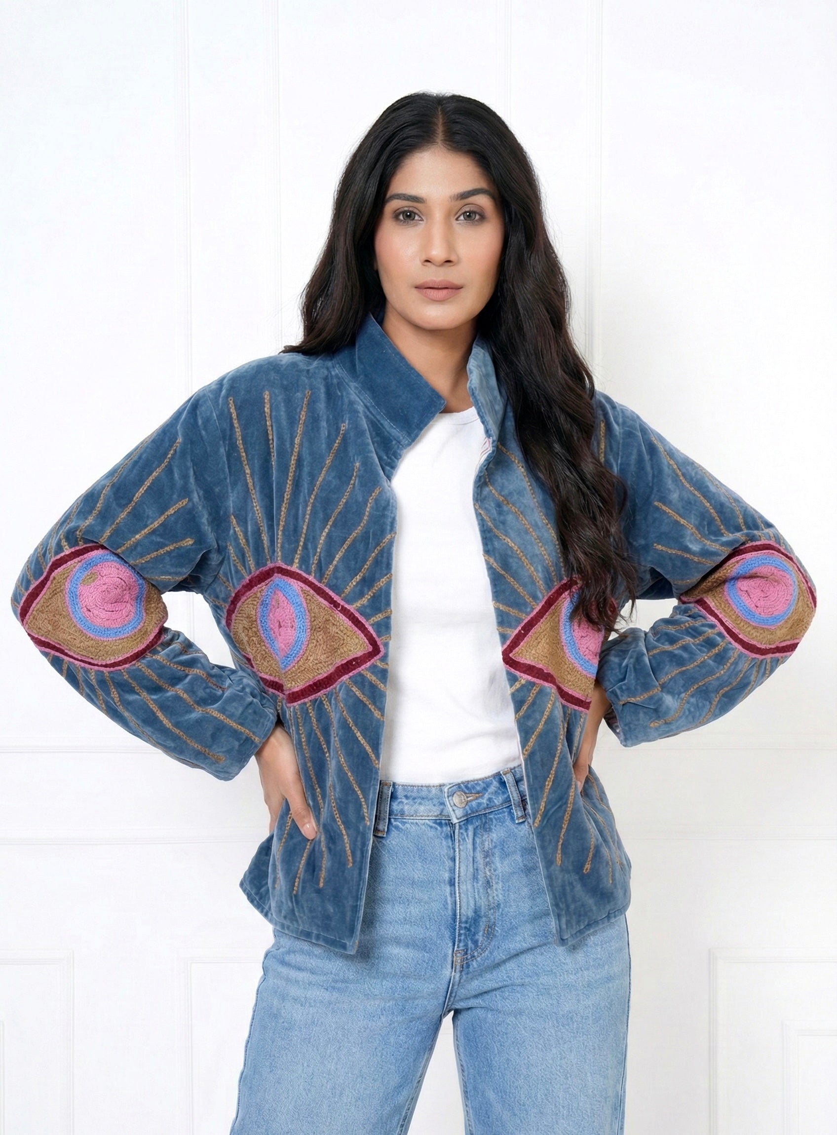 Evil Eye Motif Embroidered Velvet Jacket