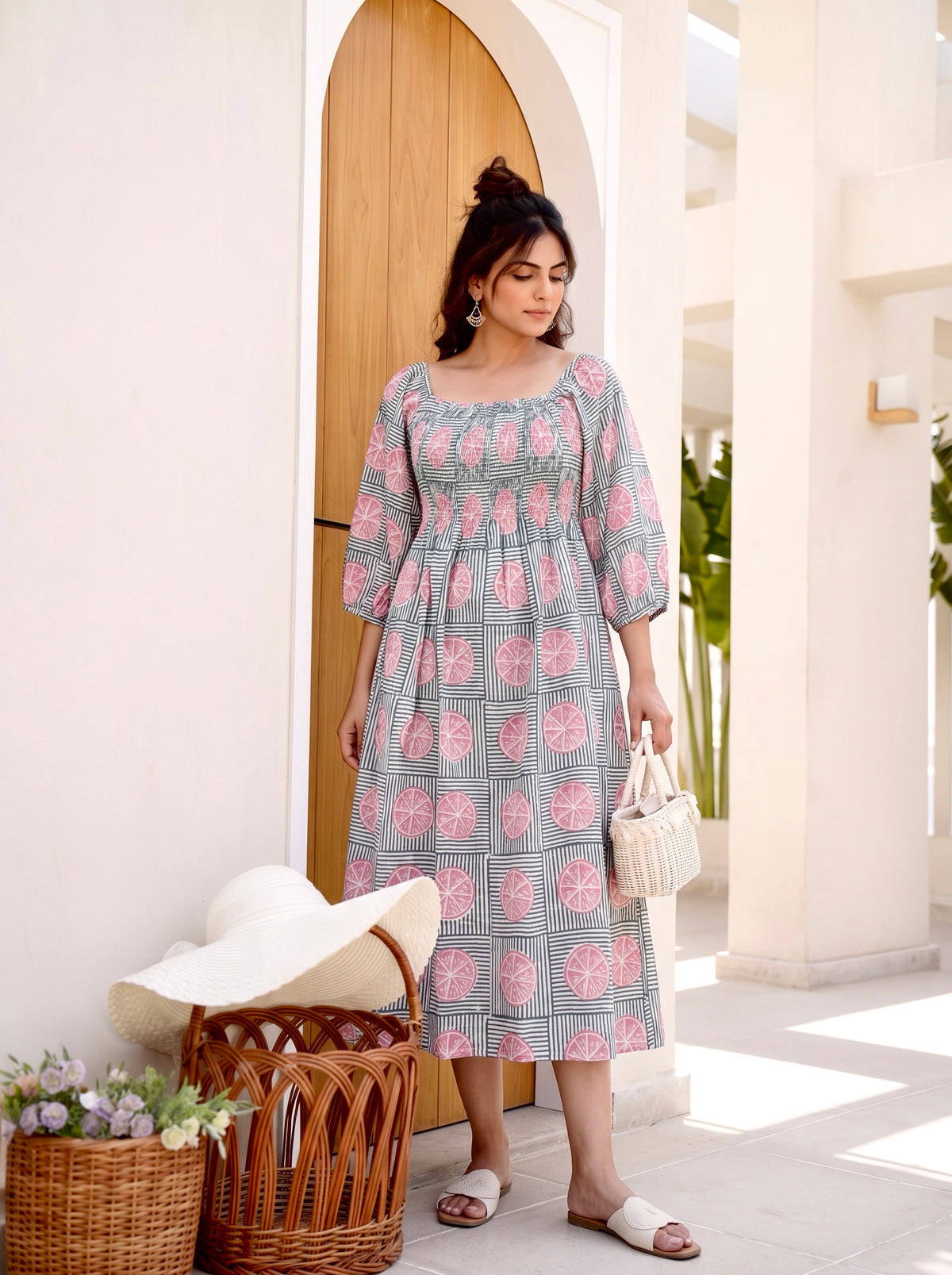 Lemon Blush Smocked Midi Dress