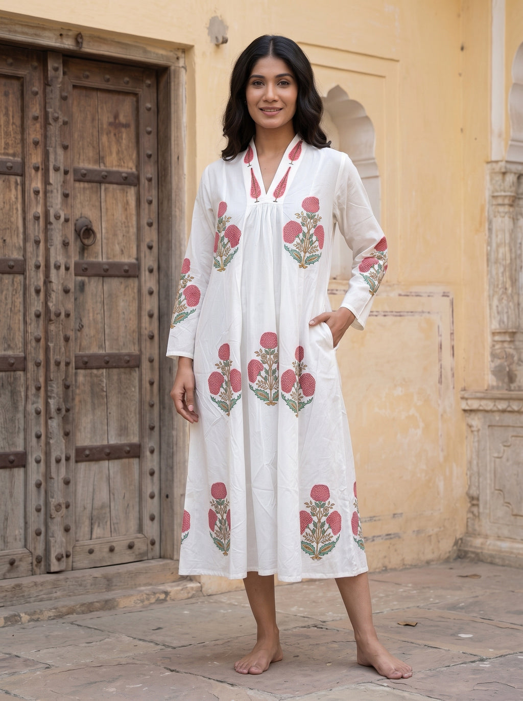 Pink Bloom Hand Block Print Cotton Dress