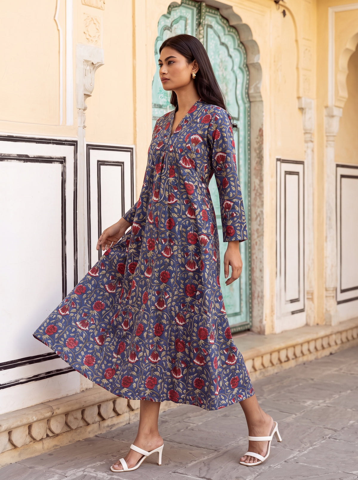 Blue Floral Flare Midi Dress