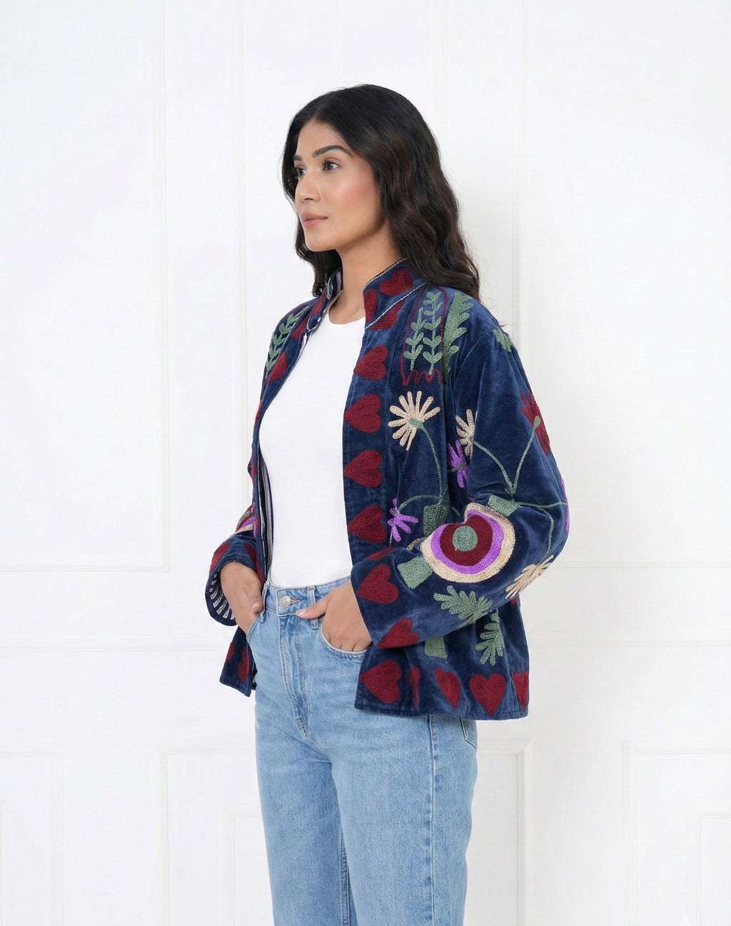 Suzani Embroidered Velvet Jacket With Heart and floral motifs