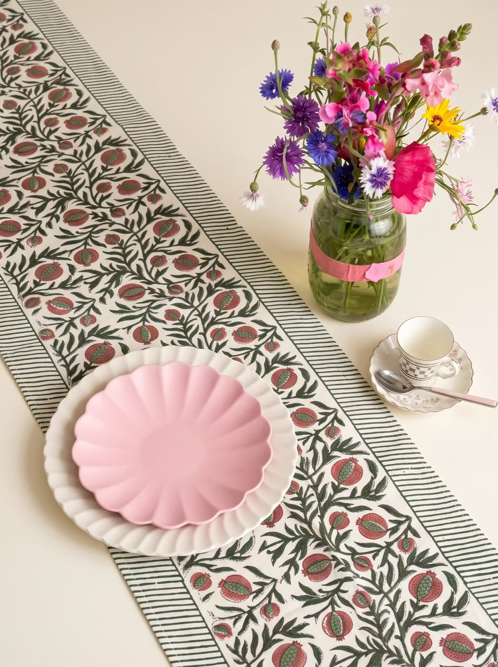 Pink Pomegranate Hand Block Print Table Runner