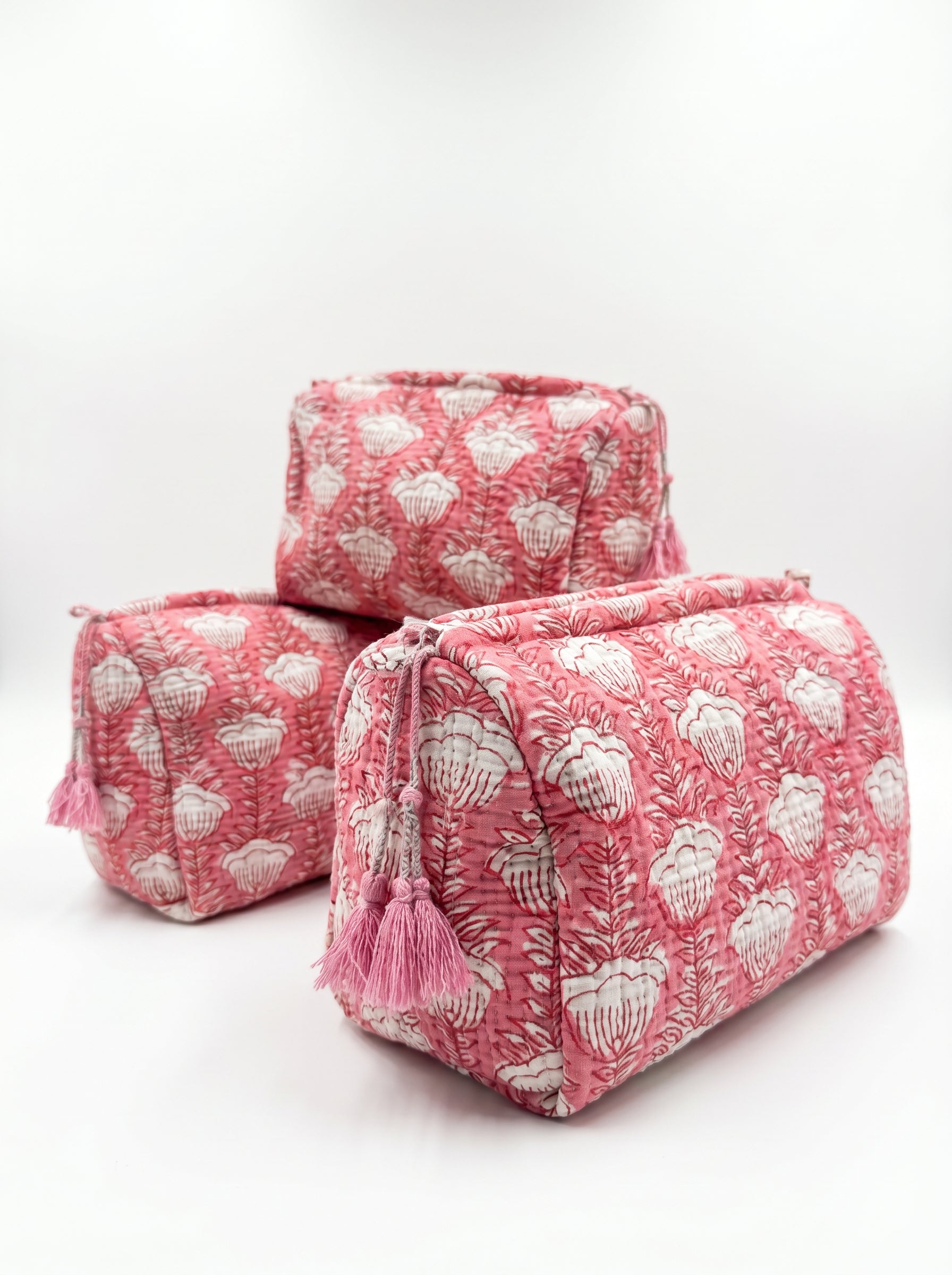 Soft Rose Floral Quilted Pouch Set (Set of 3)