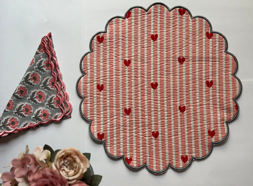 Vintage Grey Floral Quilted Placemats & Napkin Set of 6