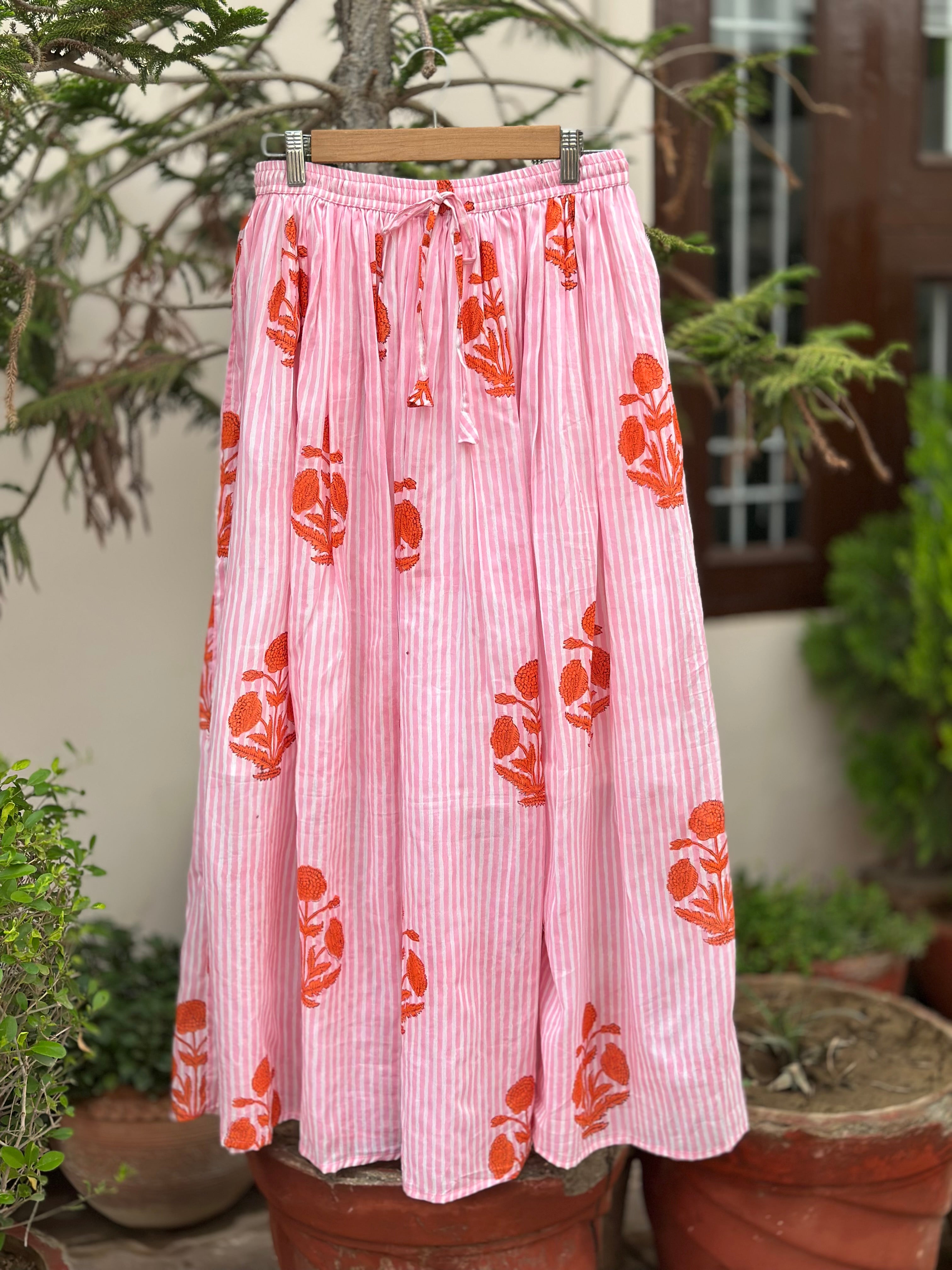 Pink Stripe Bloom Cotton Maxi Skirt
