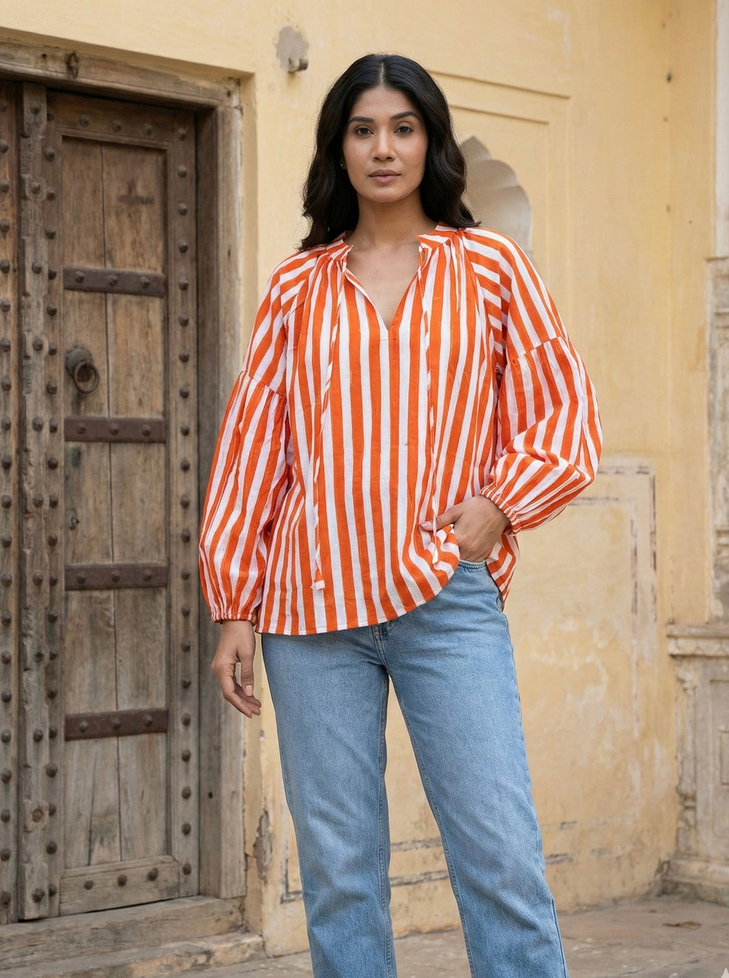 Orange striped Relaxed Fit Cotton Top