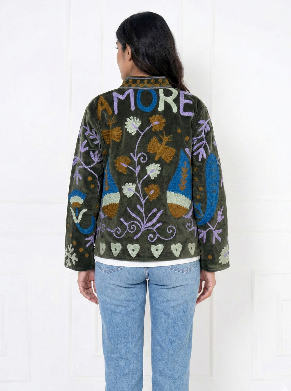 Olive Green Multicolor Embroidered Velvet Jacket
