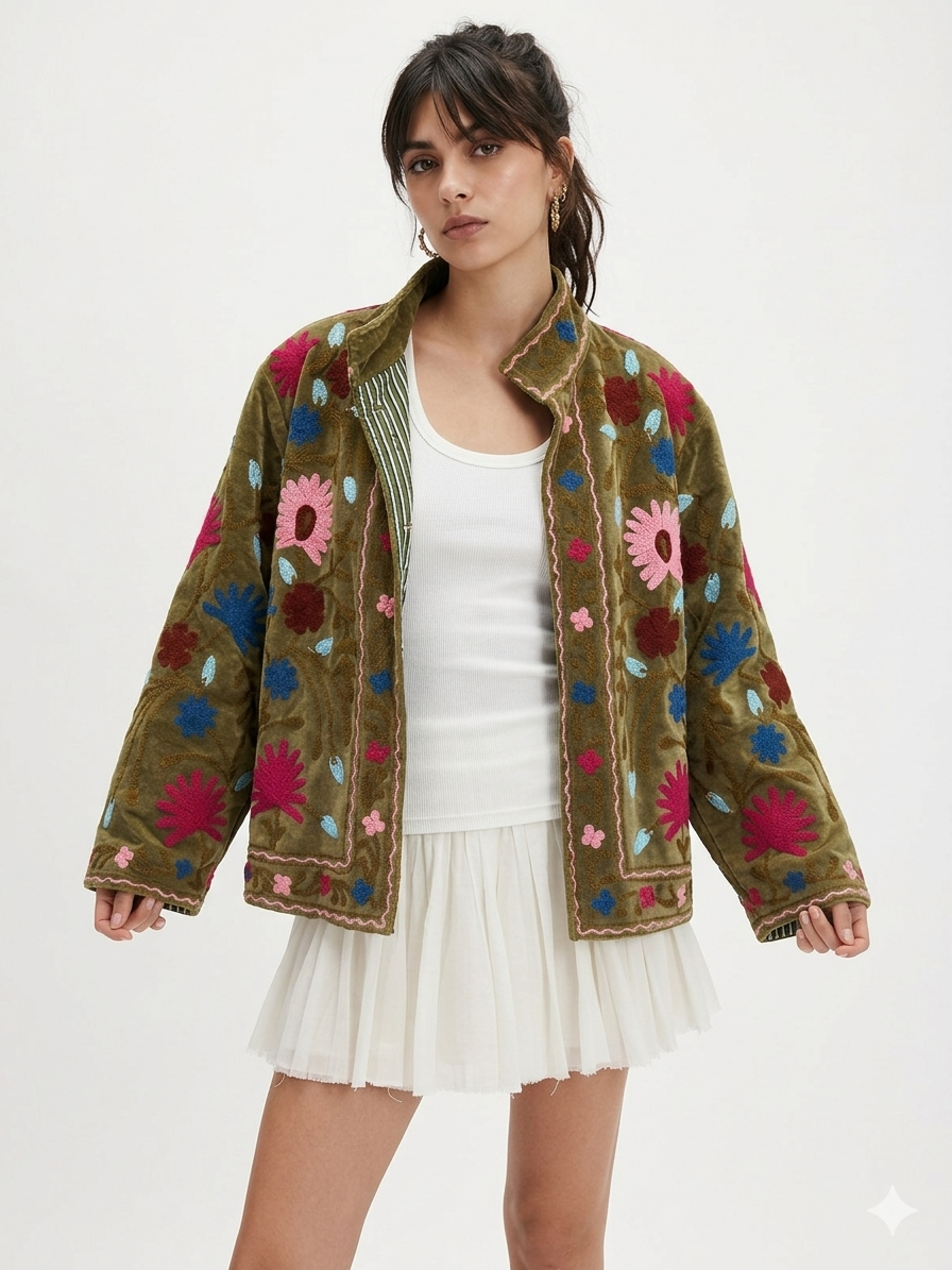 Olive Floral Embroidered Jacket