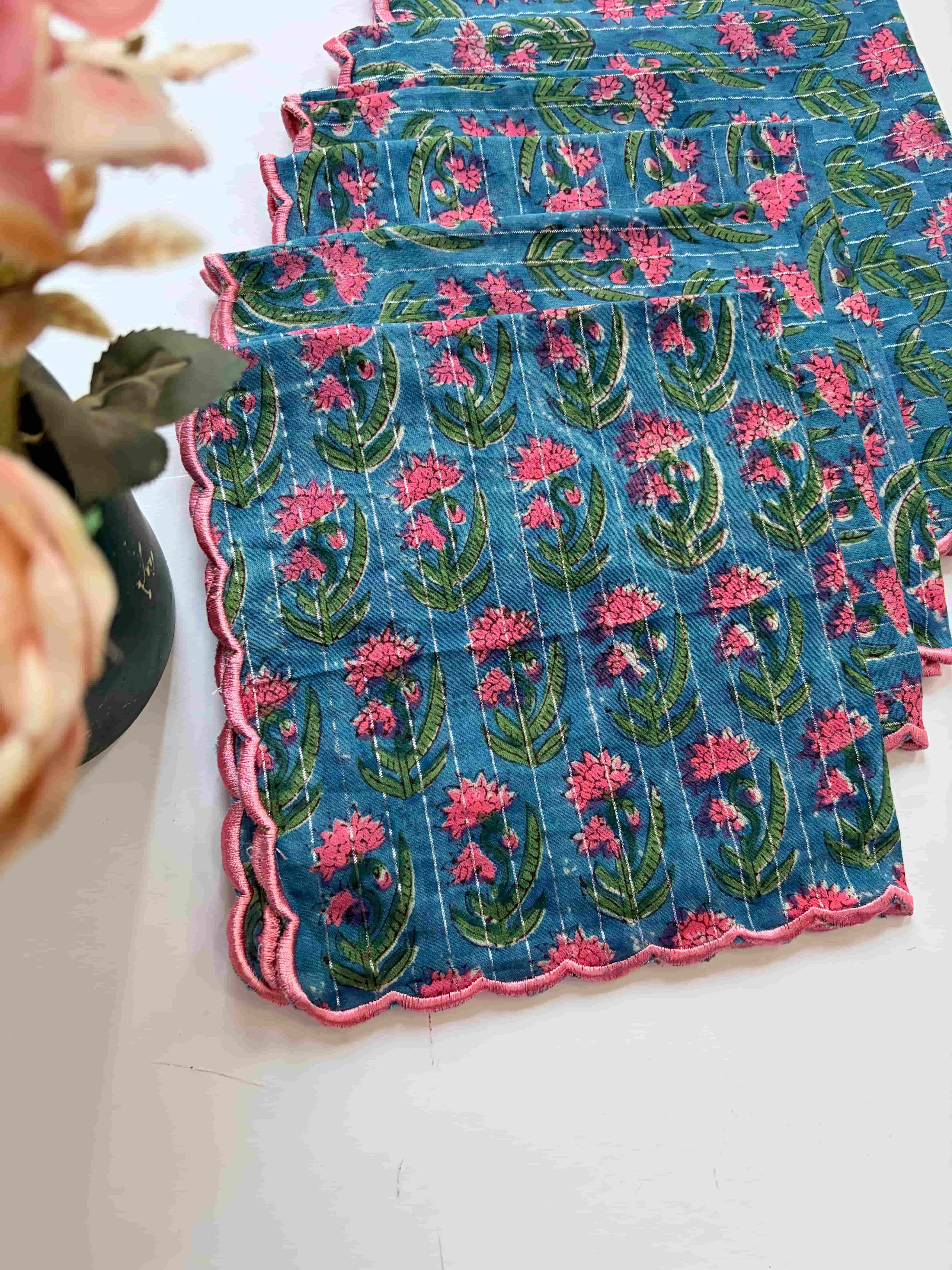 Pink Floral Block Print Cotton Scalloped Edges
