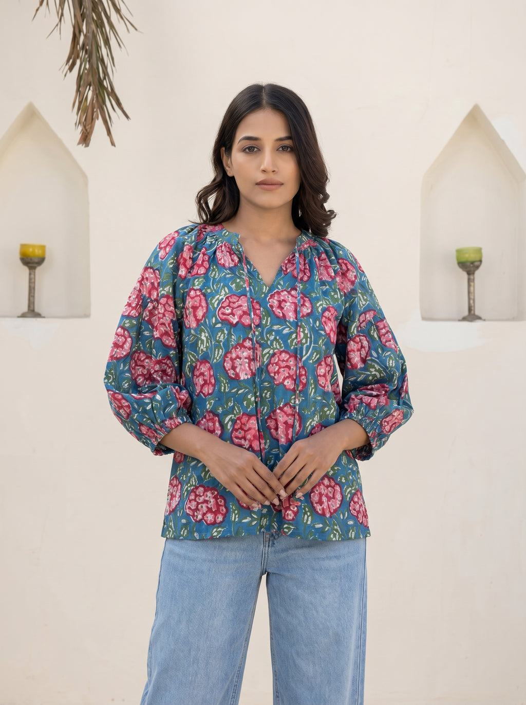 Blue Bloom Block Print Cotton Top