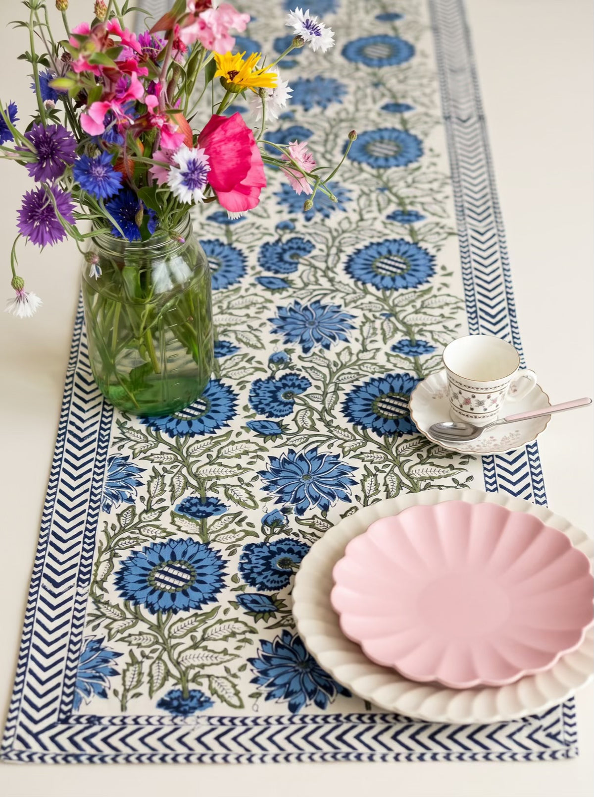 Blue Floral Hand Block Print Table Runner