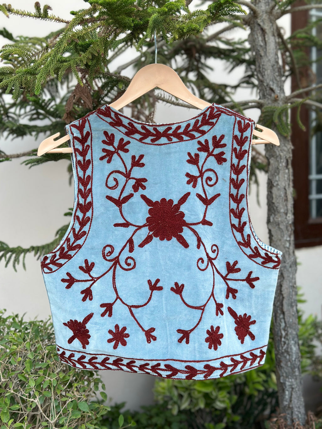 Sky Blue Ruby Floral Velvet Vest