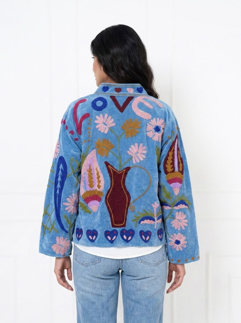 Sky Blue Floral Embroidered Velvet Jacket