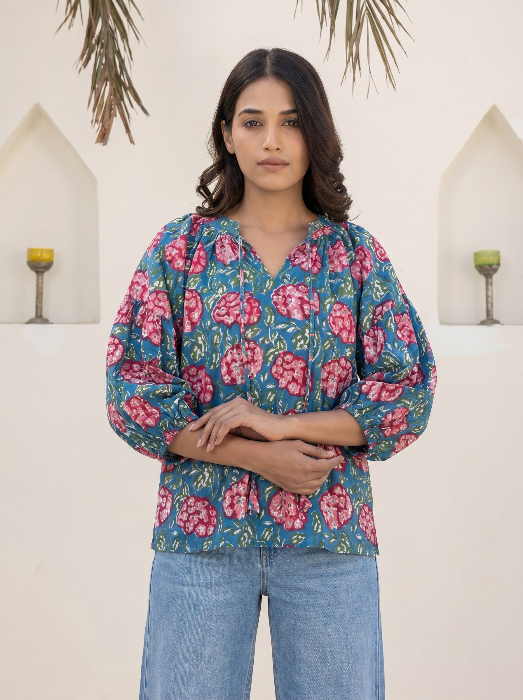 Blue Bloom Block Print Cotton Top