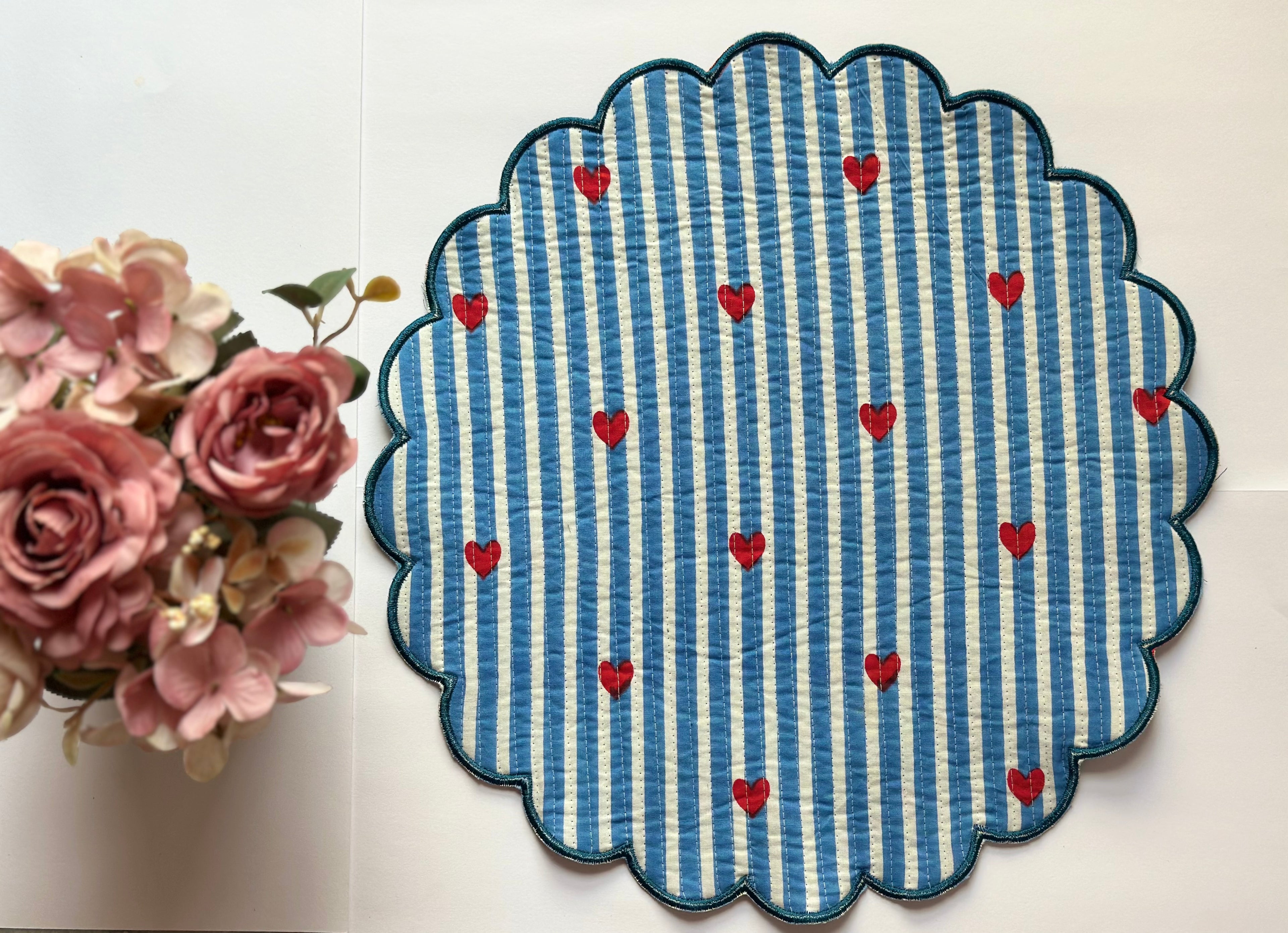 Teal Sweetheart Carnation Quilted Placemat Set of 6
