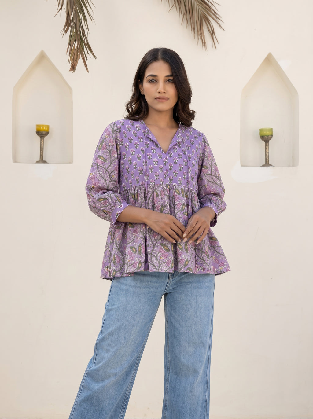 Purple Ethnic Floral Peplum Top