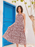 Brown Floral Cotton Halter Midi Dress
