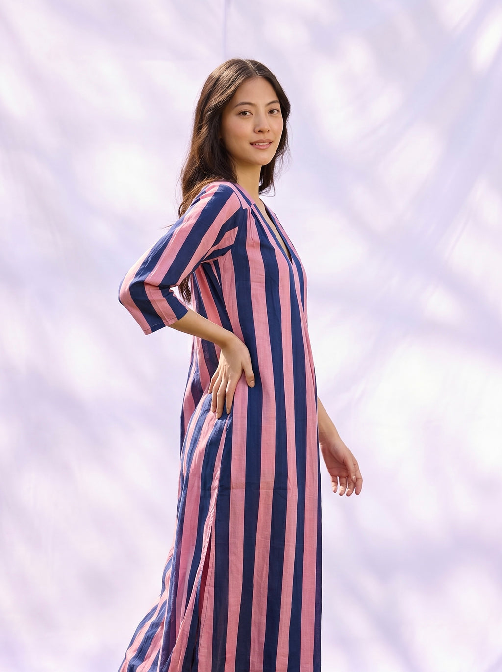 Pink & Navy Stripe Cotton kurta Dress