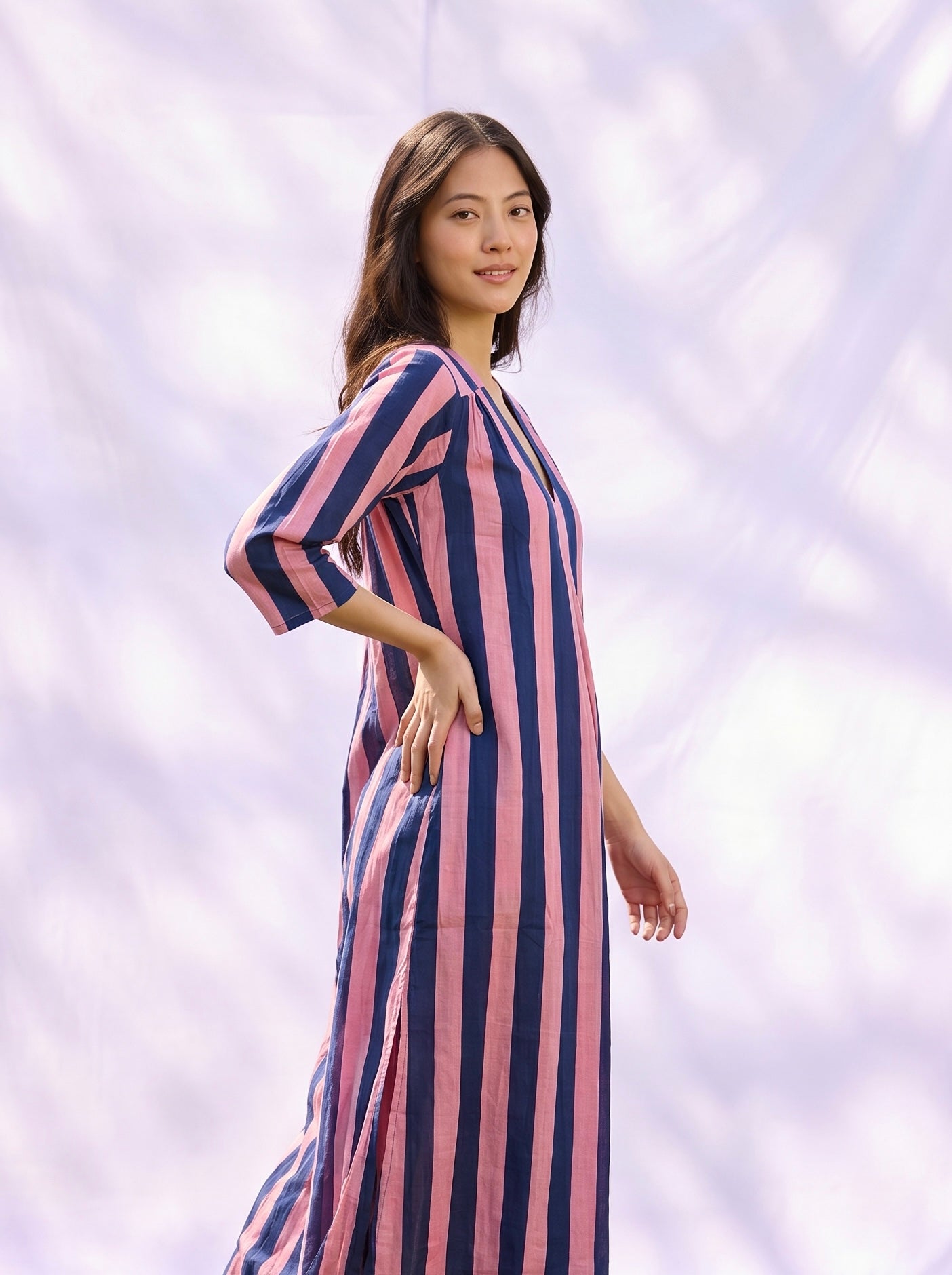 Pink & Navy Stripe Cotton kurta Dress