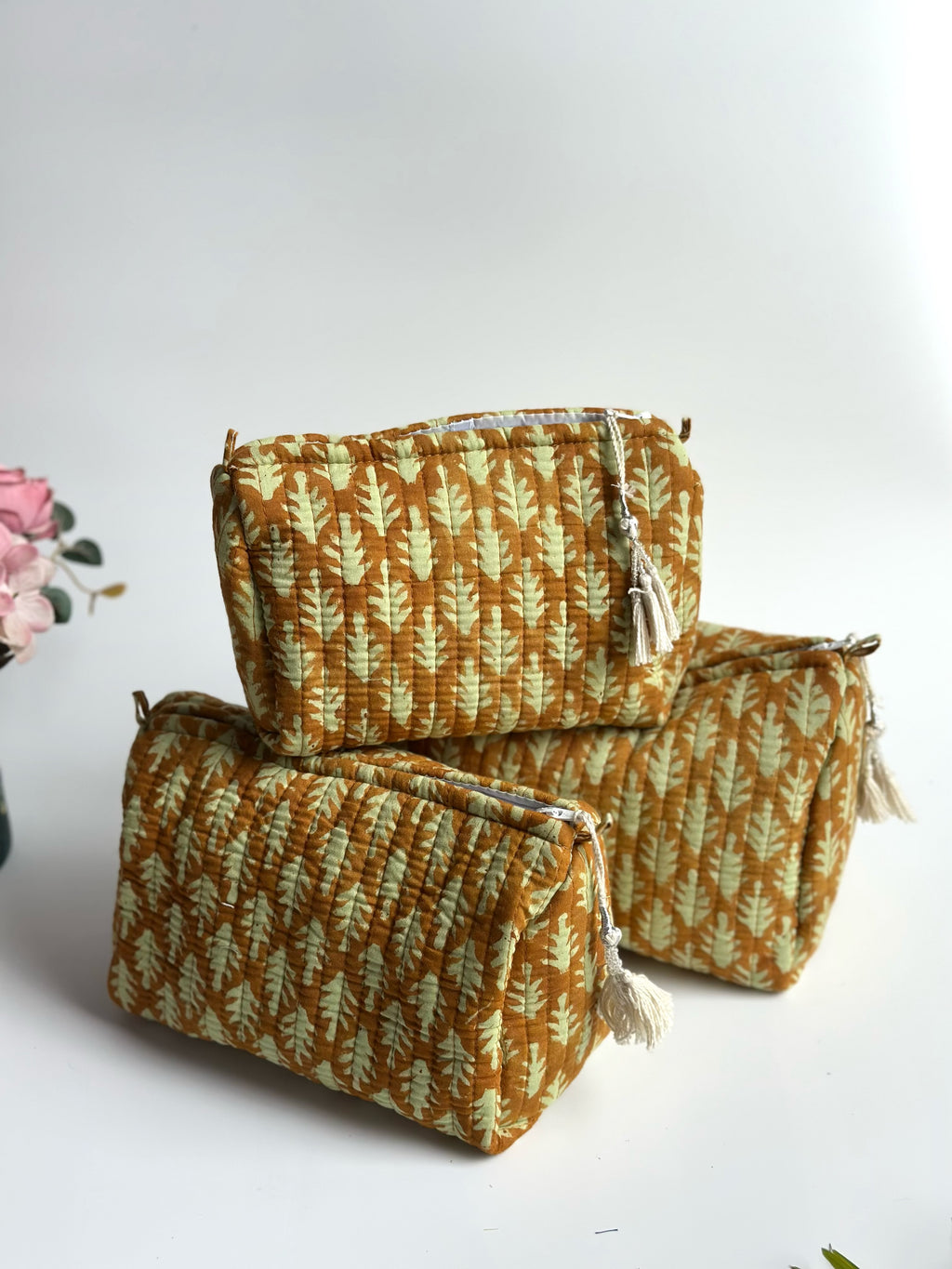 Golden Leaf Quilted Cosmetic Bag Set of 3