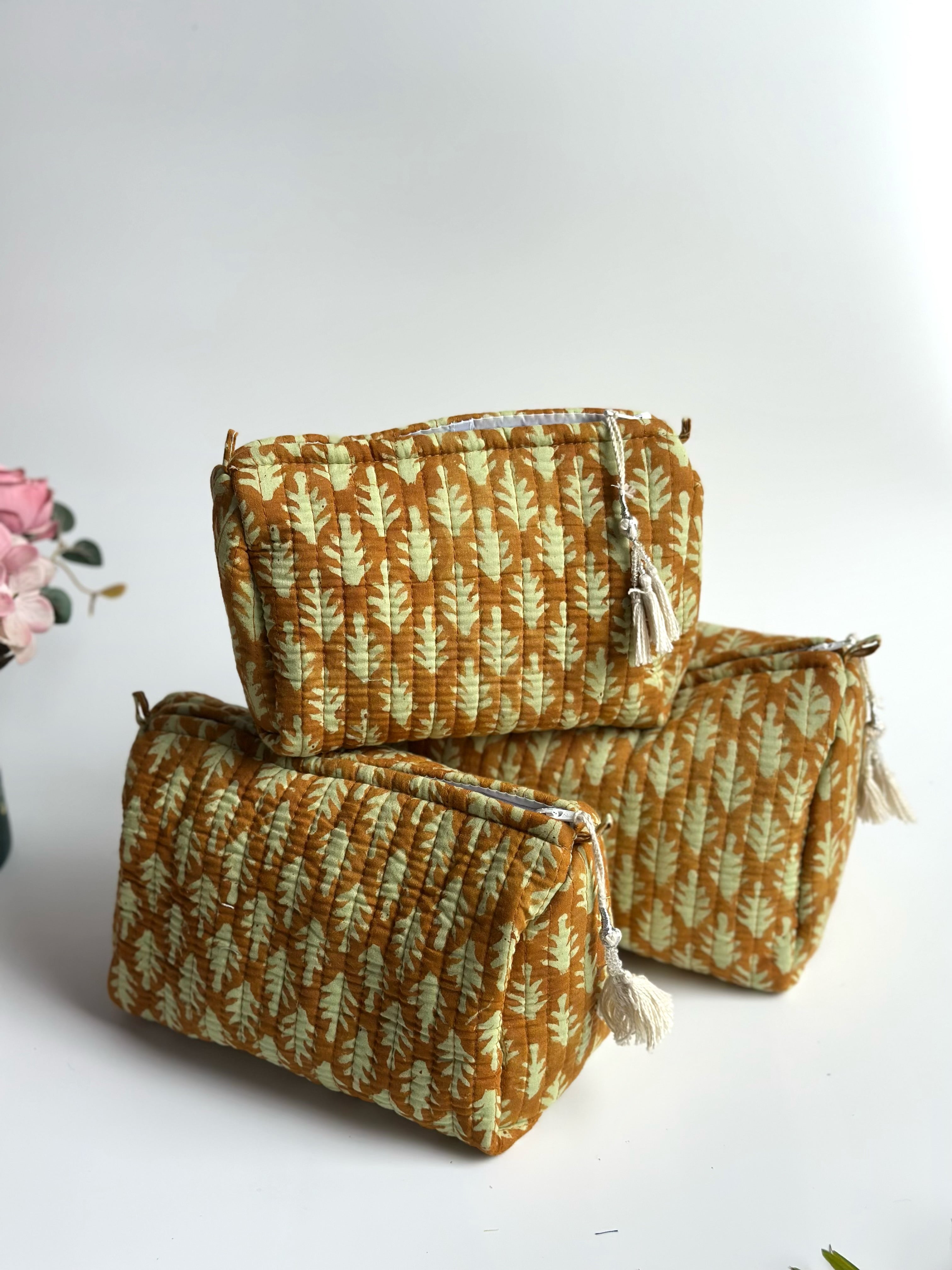 Golden Leaf Quilted Cosmetic Bag Set of 3