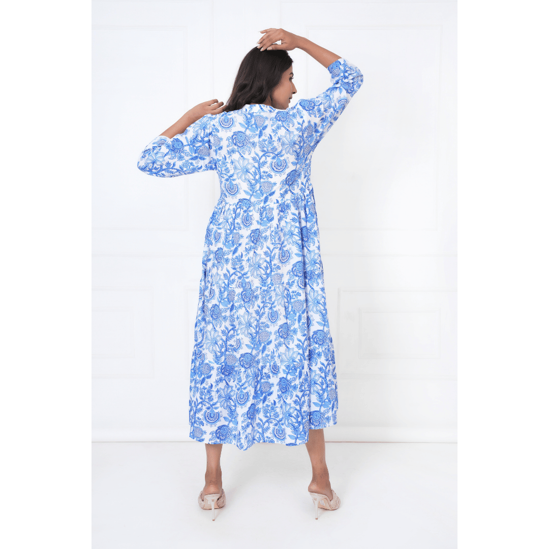 Blue Floral Block Print Maxi Anokhi Dress