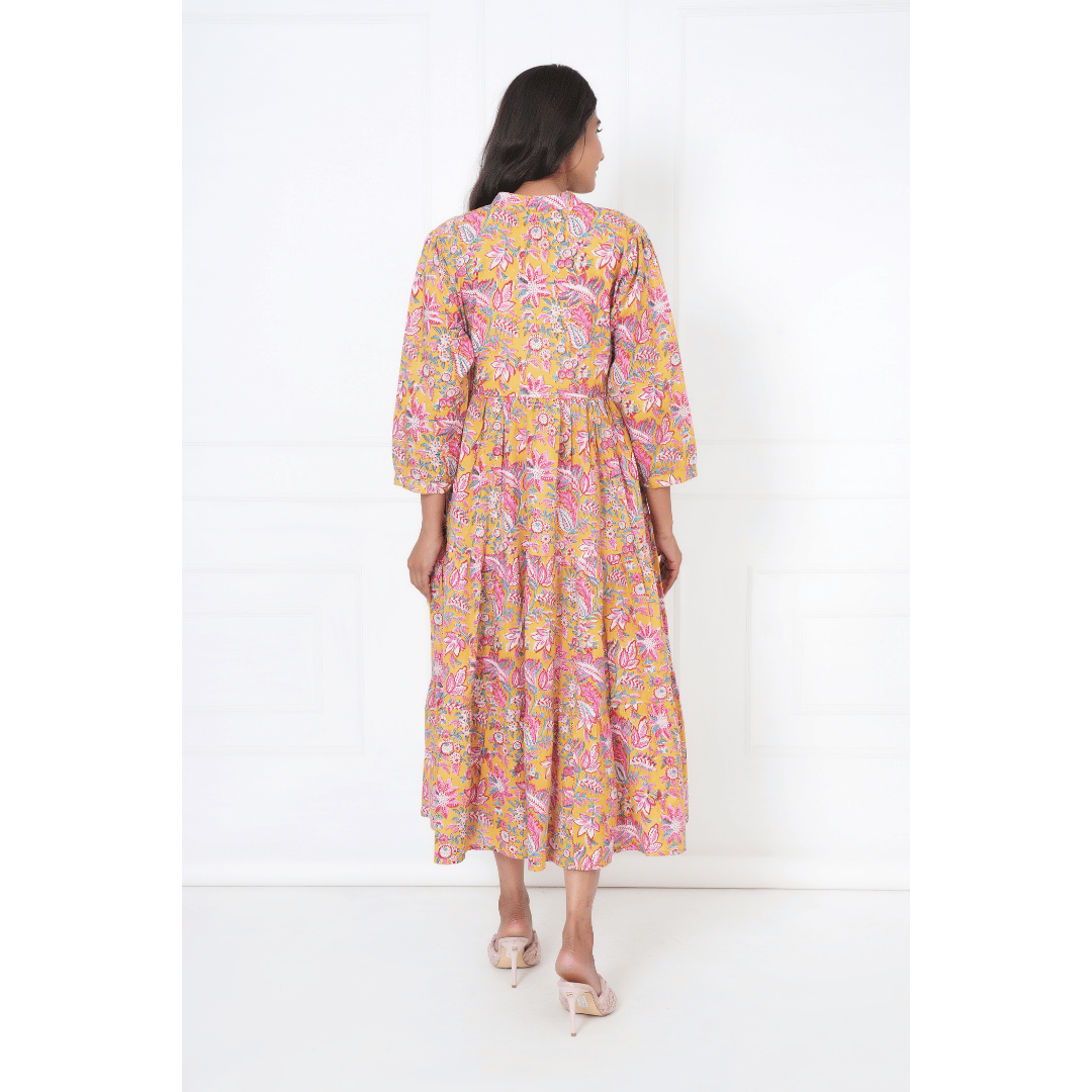 Yellow Floral Block Print Maxi Anokhi Dress