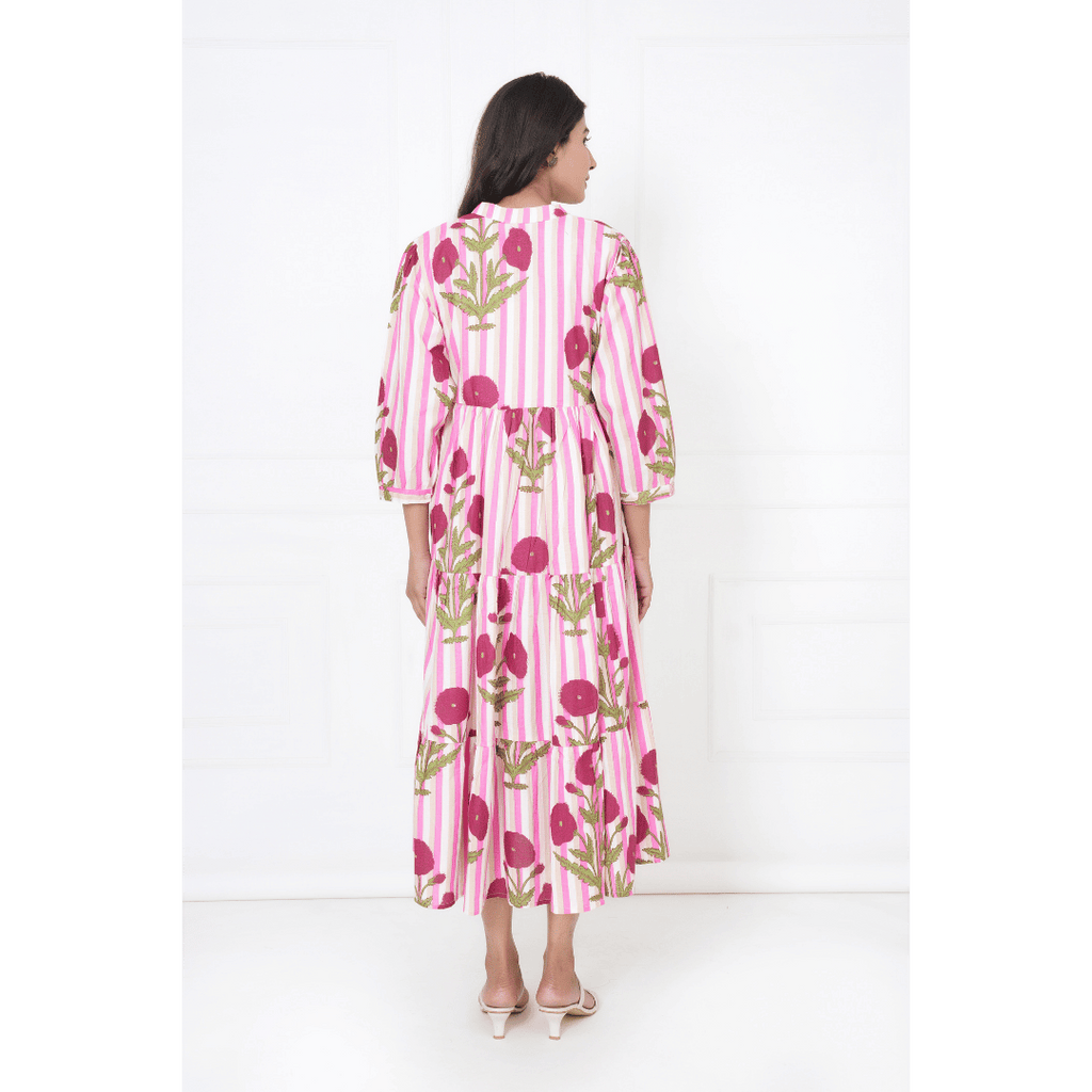 Pink White Stripe Print Maxi Anokhi Dress