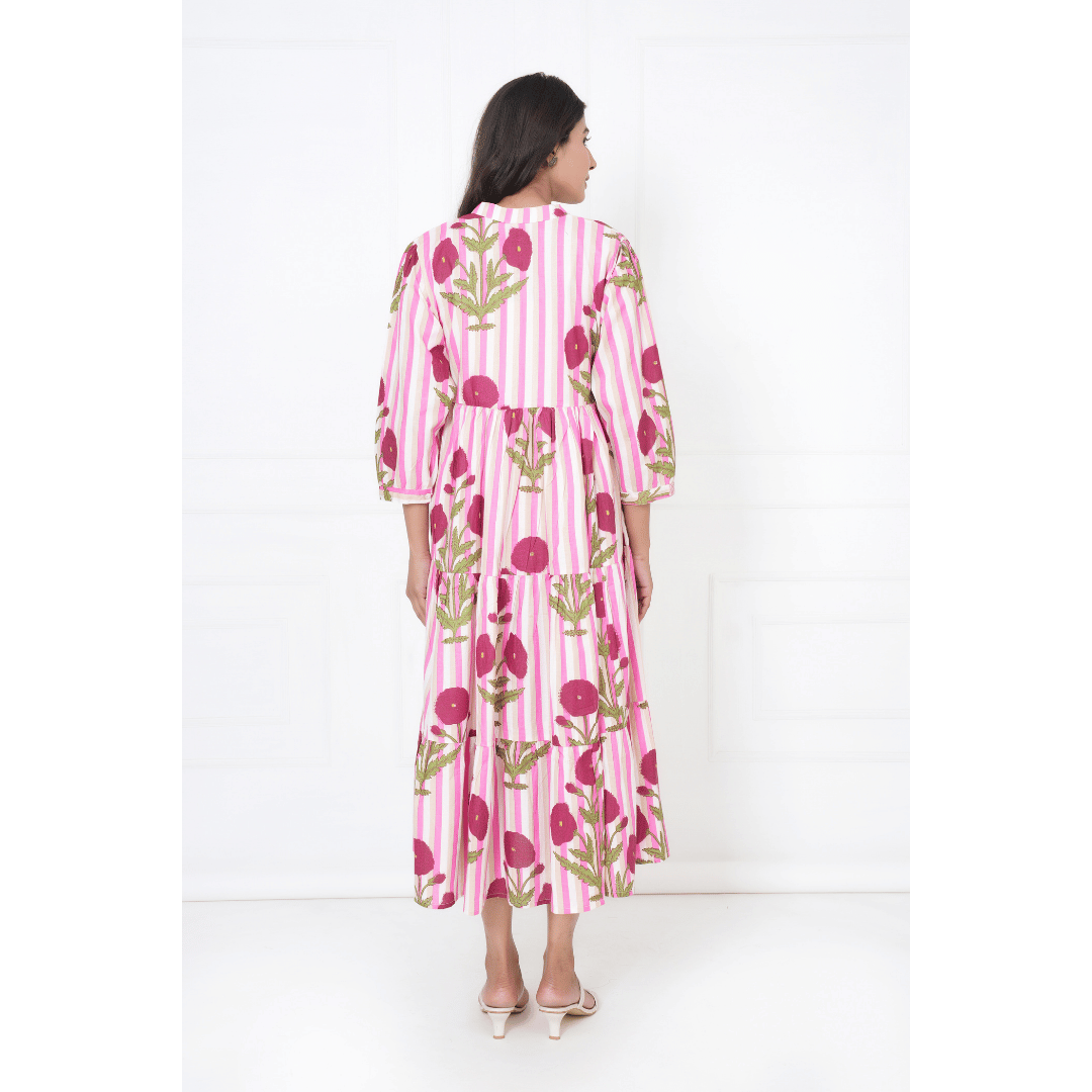 Pink White Stripe Print Maxi Anokhi Dress