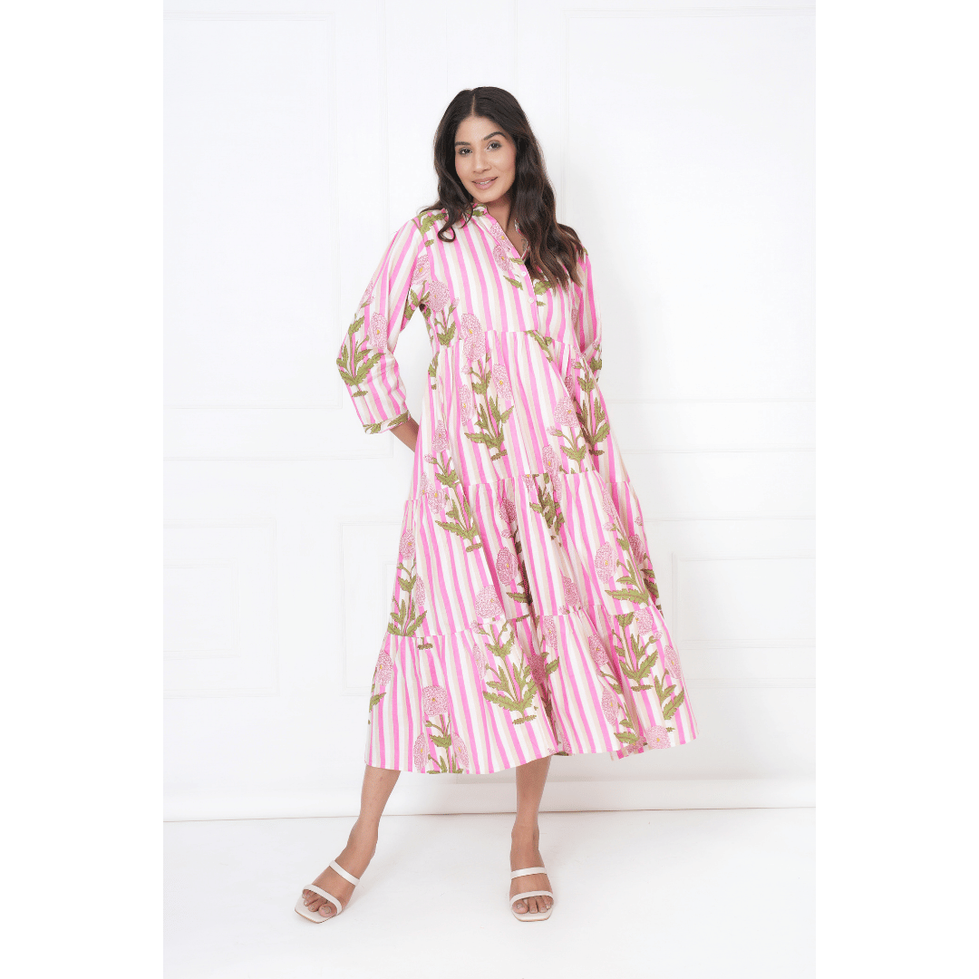 Pink White Floral Print Maxi Anokhi Dress