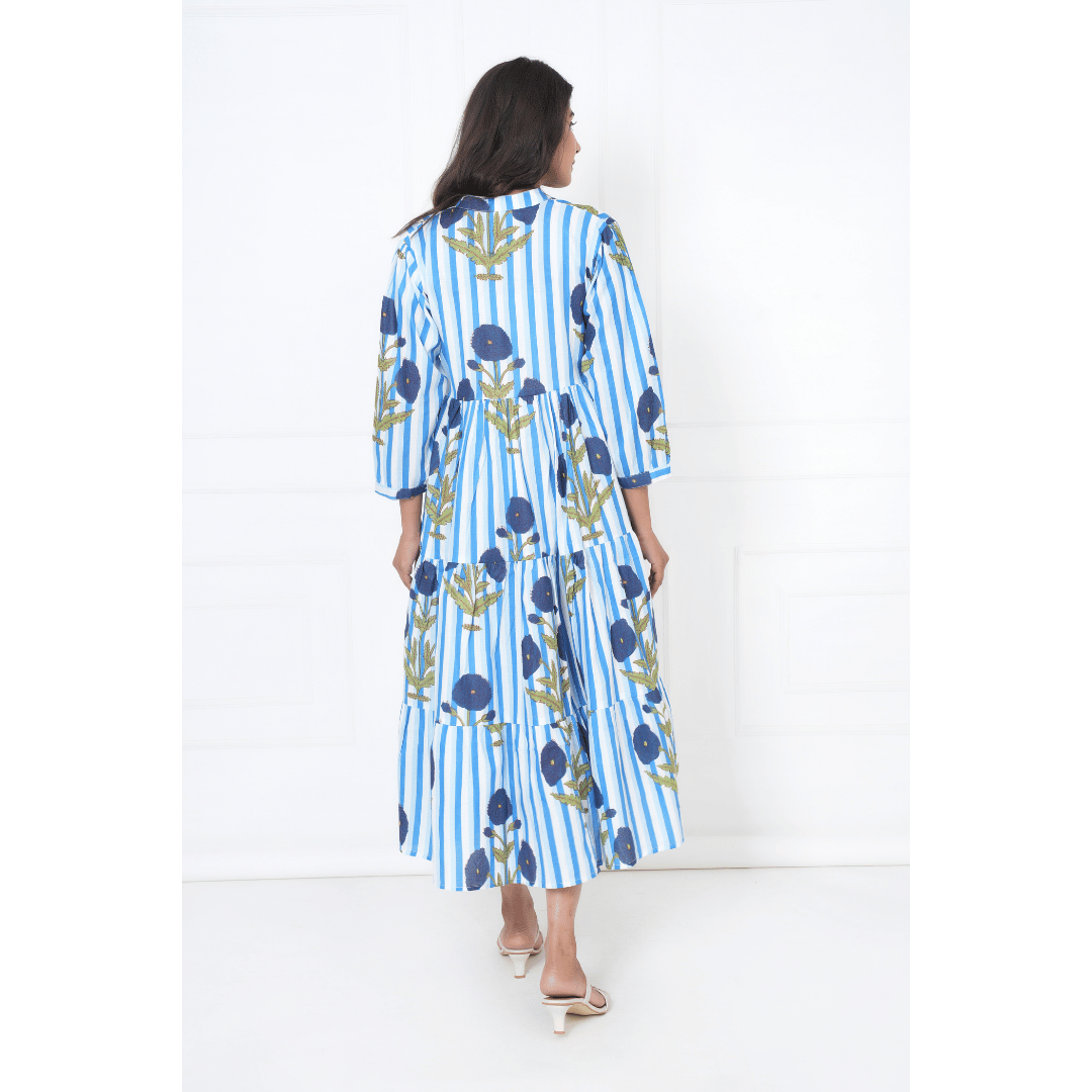 Blue White Stripe Print Maxi Anokhi Dress