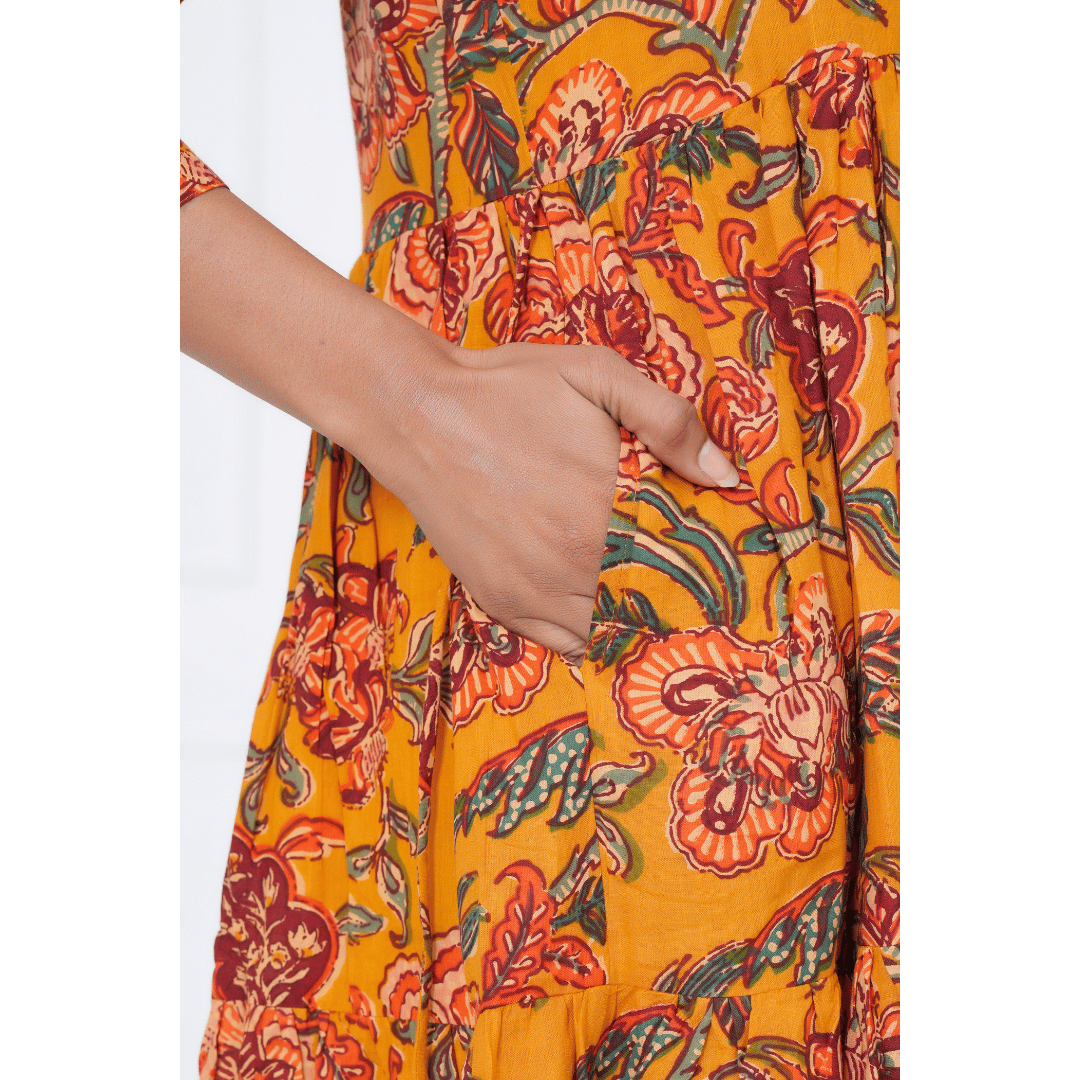 Mustard Floral Block Print Maxi Anokhi Dress