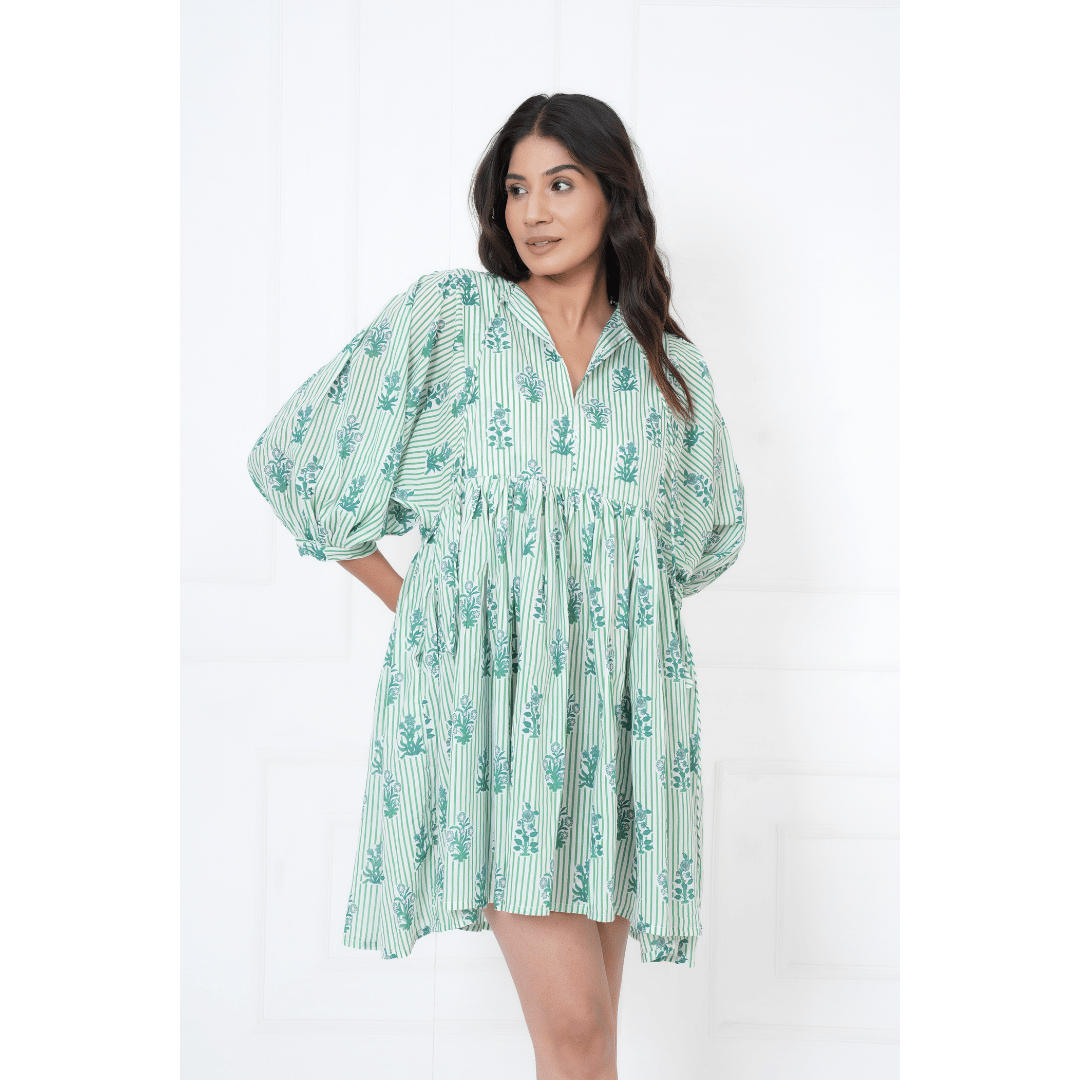 White Green Stripe Hand-Block Print Cotton Mini Doi Dress