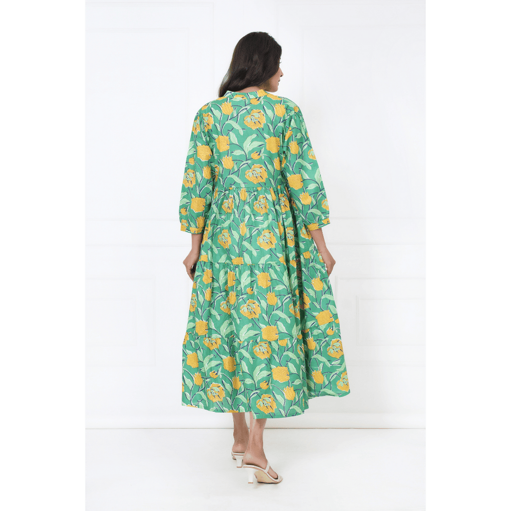 Aqua Garden Hand Block Print Maxi Anokhi Dress