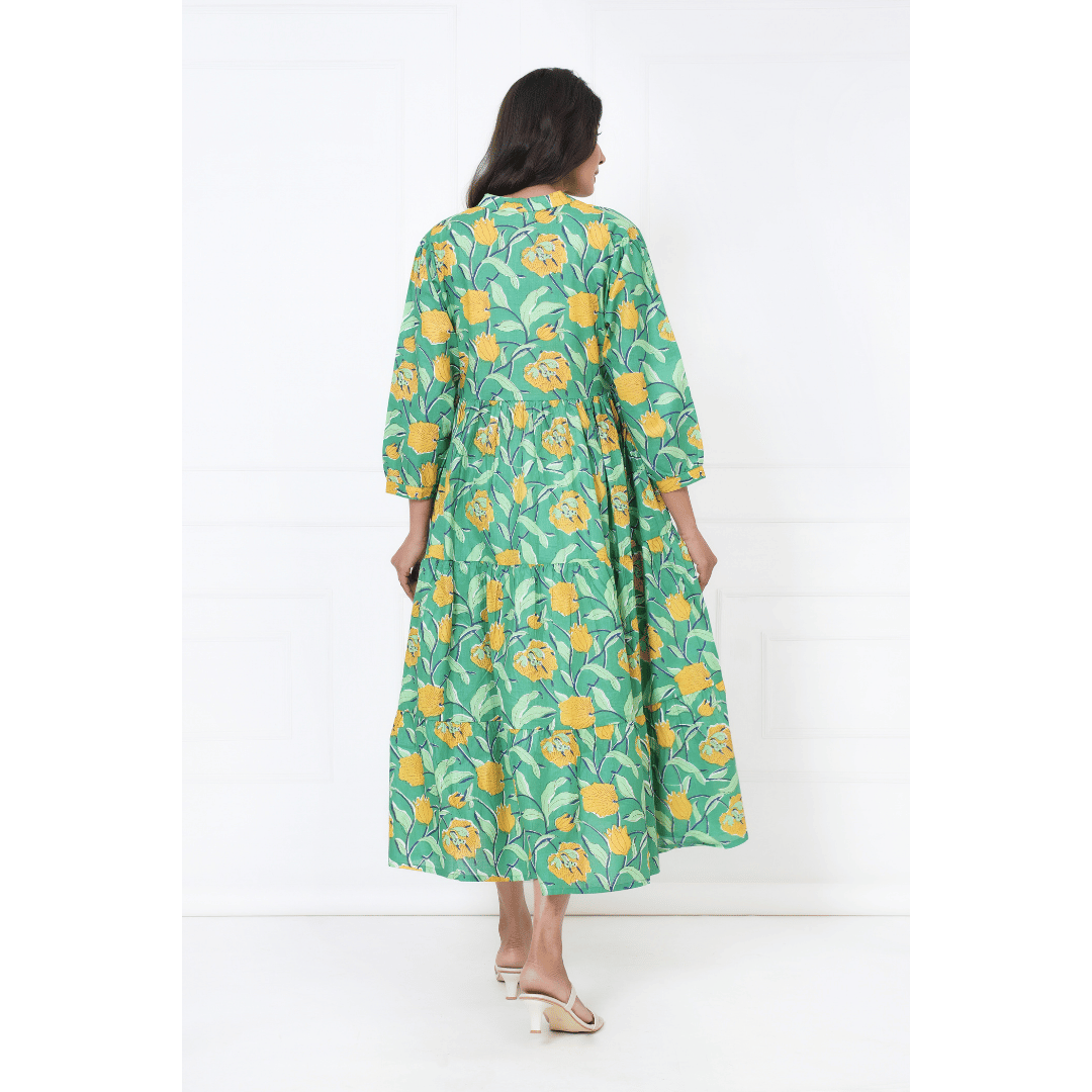 Aqua Garden Hand Block Print Maxi Anokhi Dress