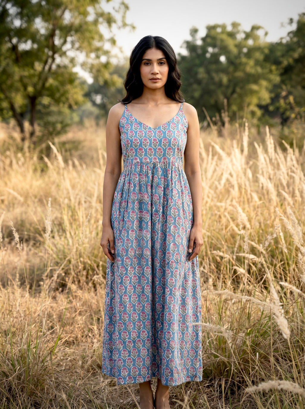 Sky Bloom Cotton Maxi Dress
