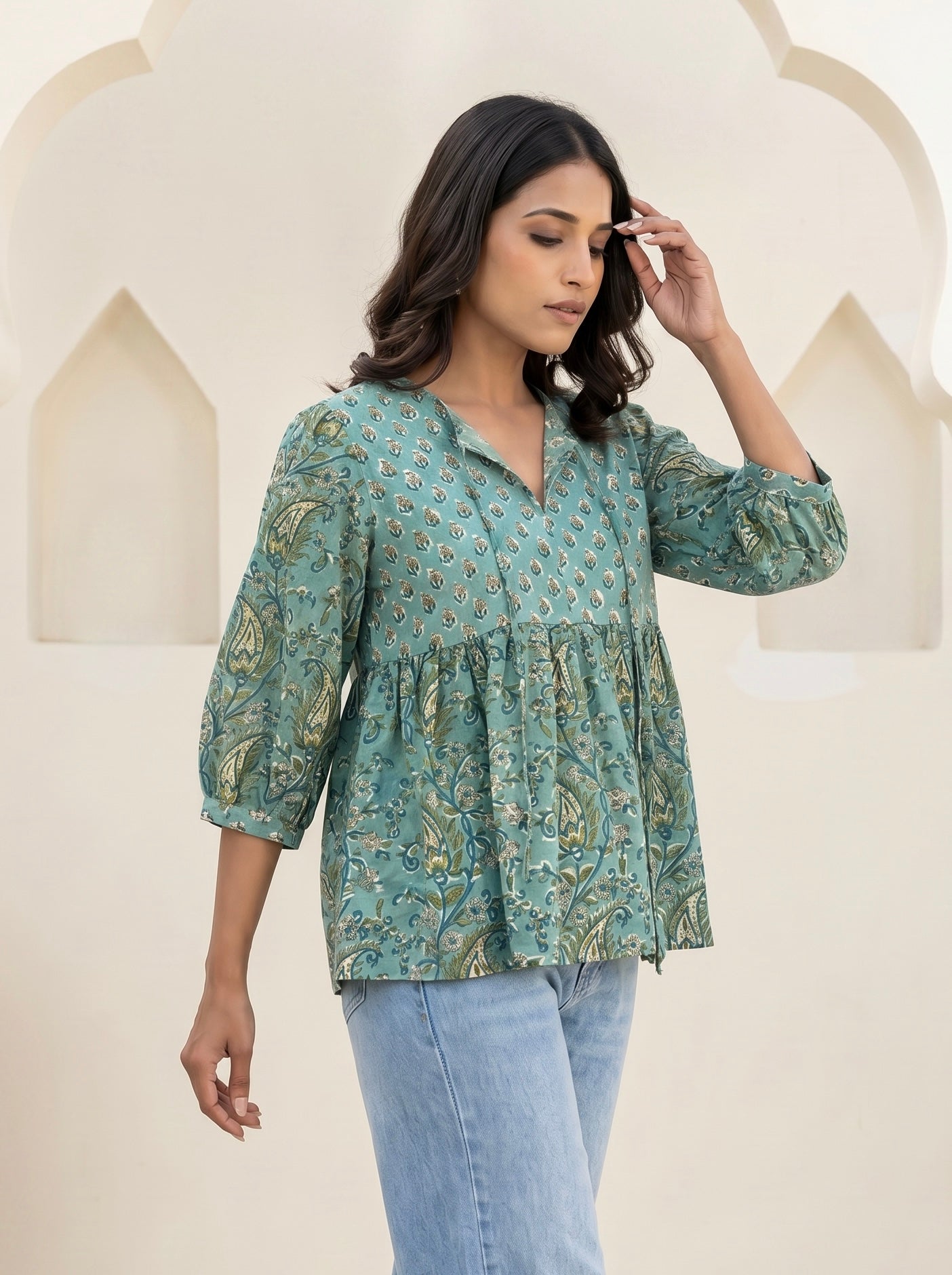 Teal Bohemian Floral Peplum Top