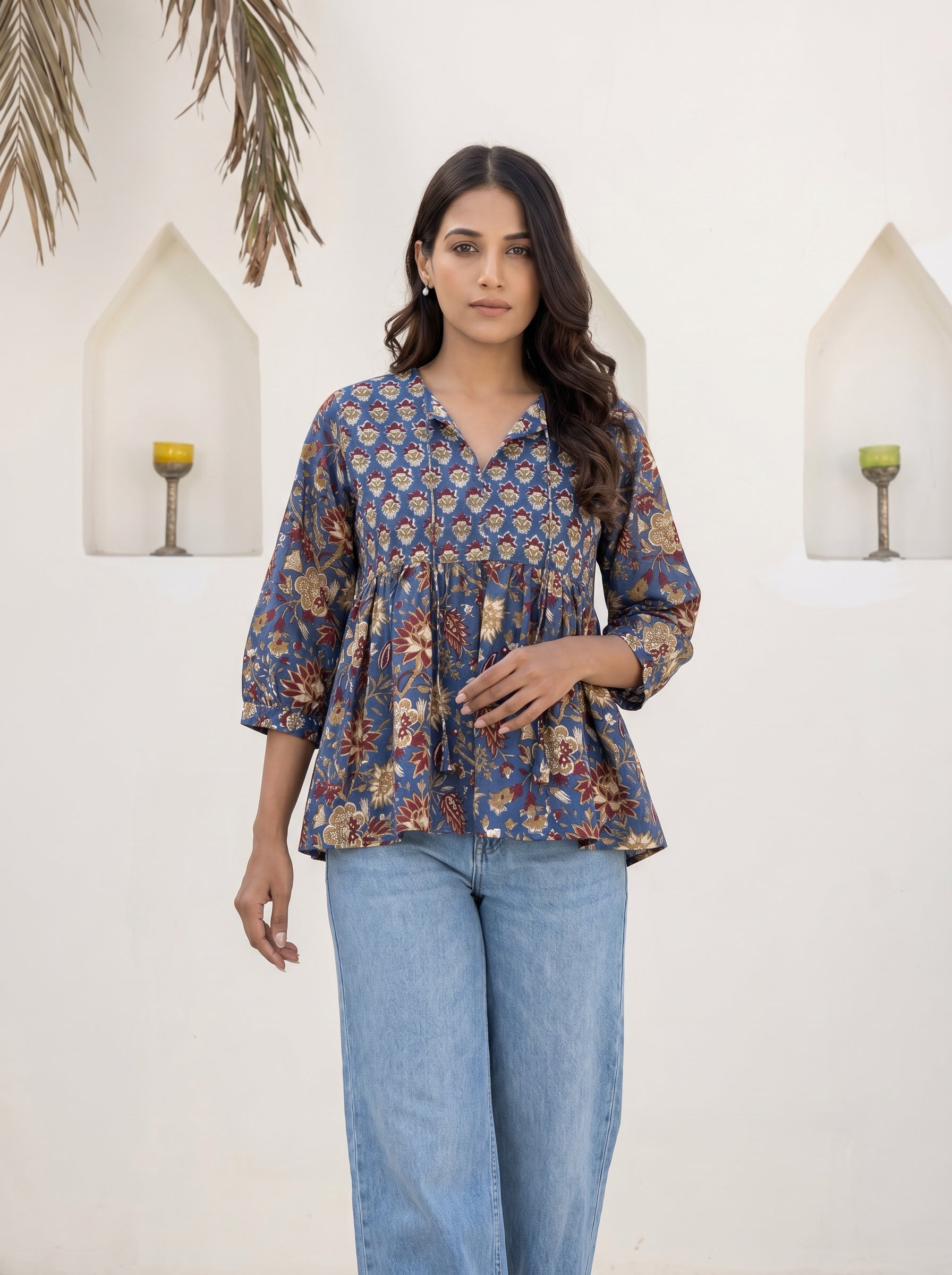 Blue Boho Floral Peplum Top