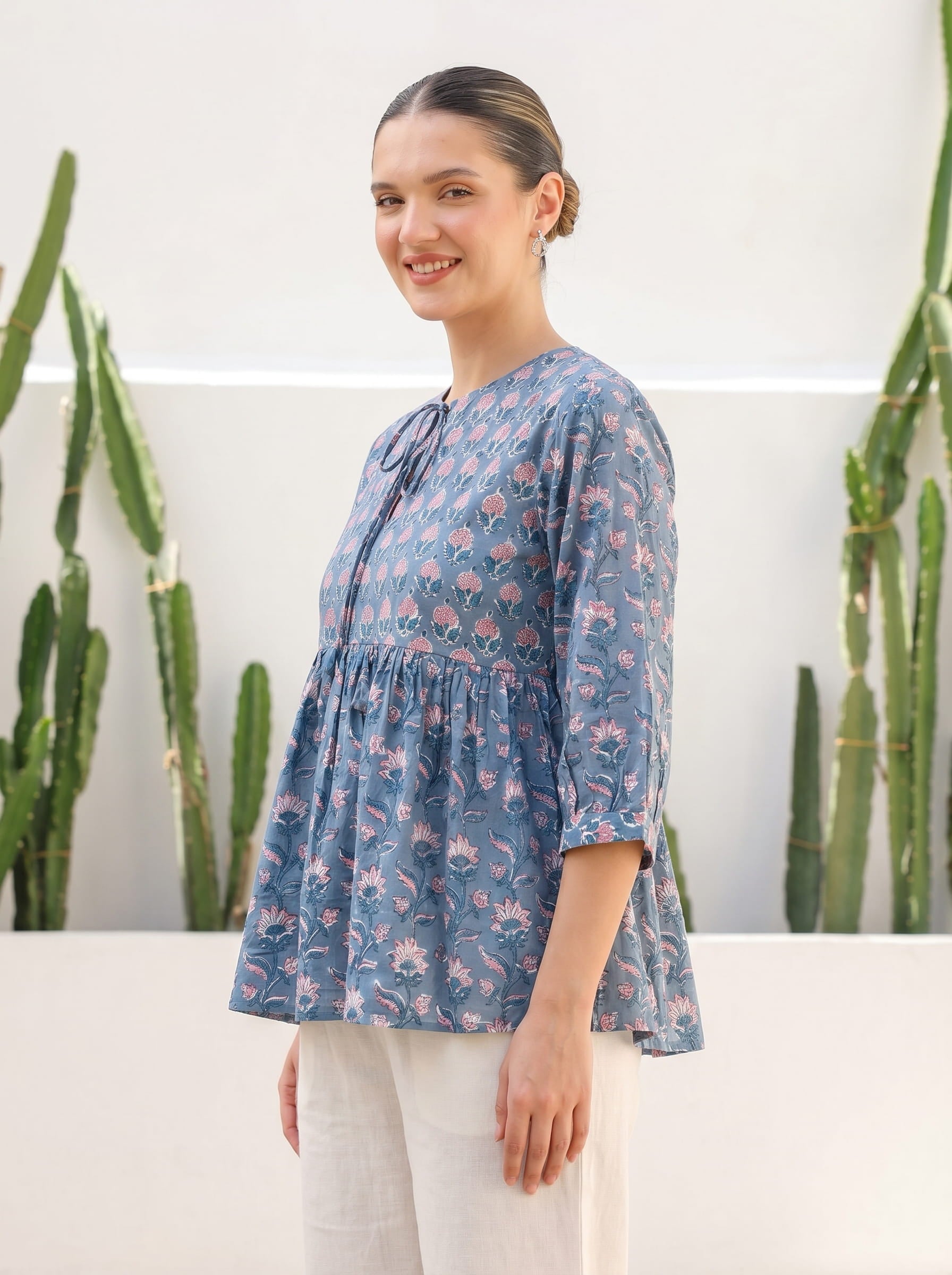 Steel Blue Floral Peplum Top