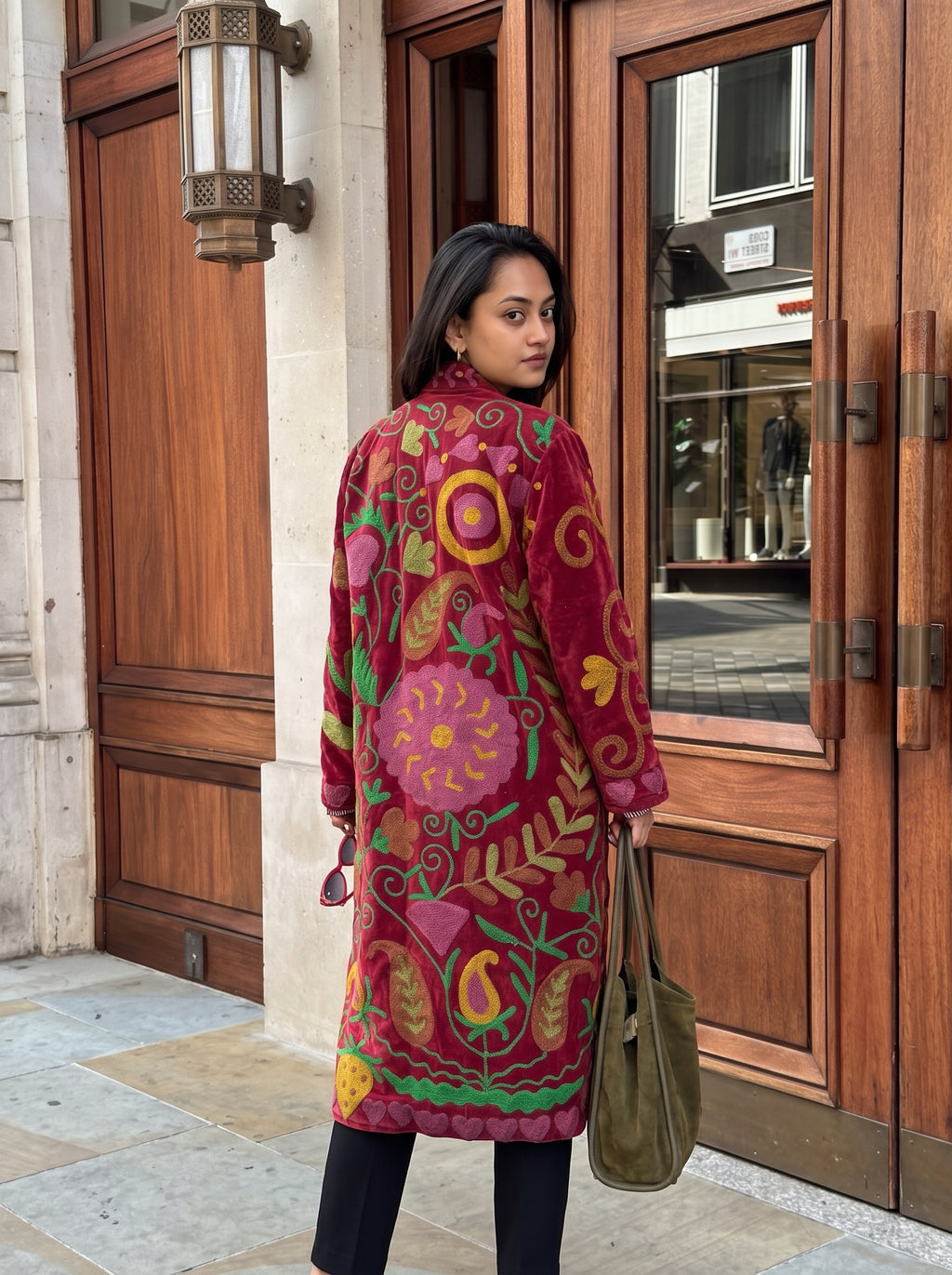 Burgundy Suzani Velvet Long Jacket