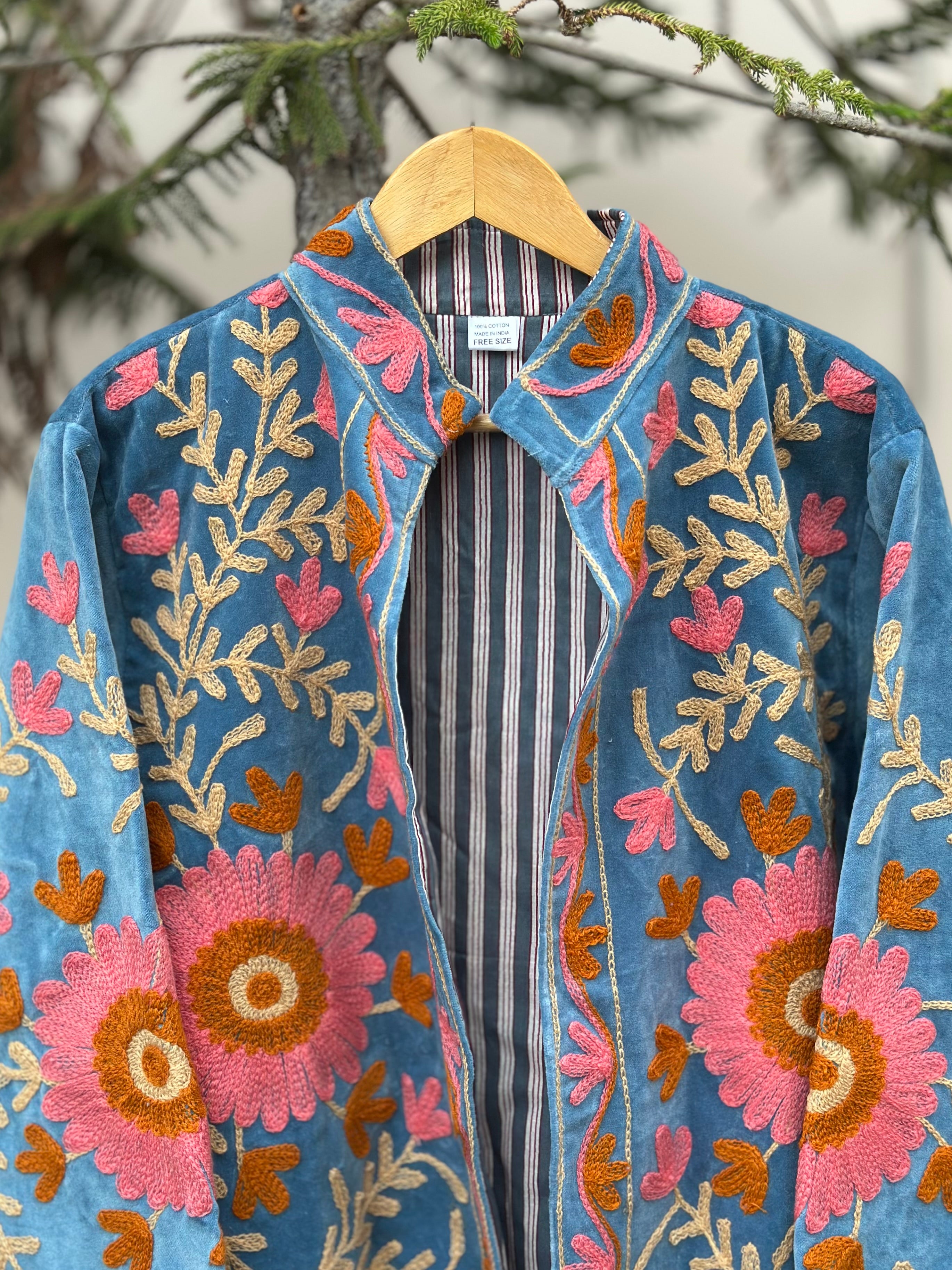 Sky Blossom Embroidered Velvet Jacket