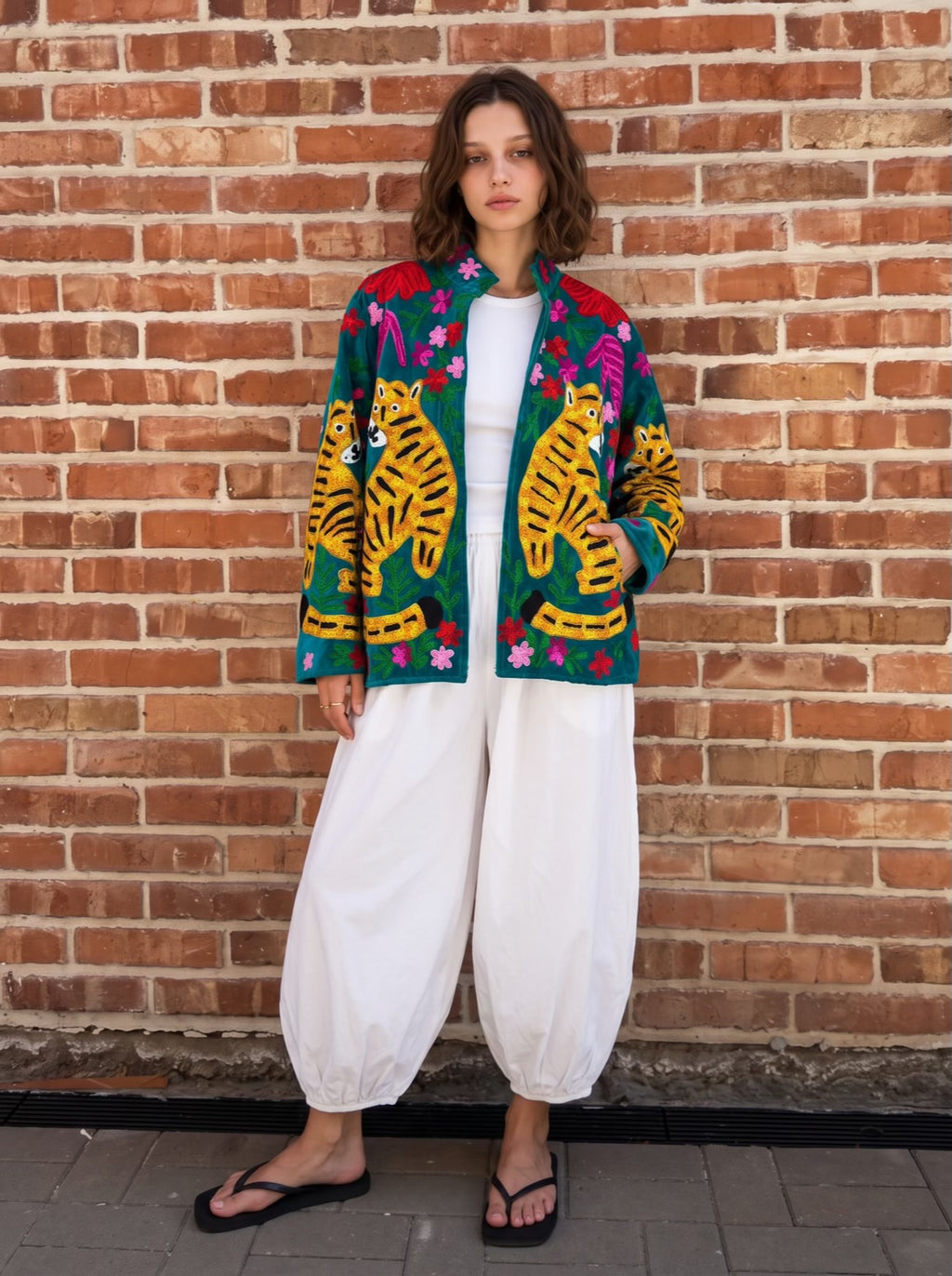 Teal Garden Tiger Embroidered Jacket