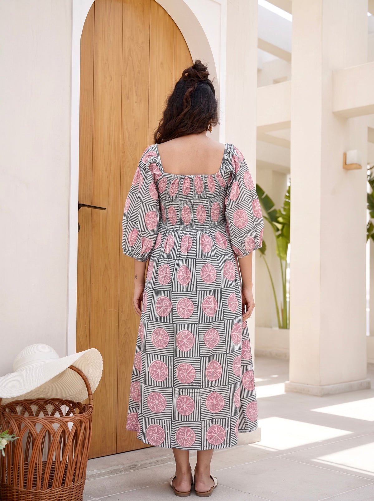 Lemon Blush Smocked Midi Dress