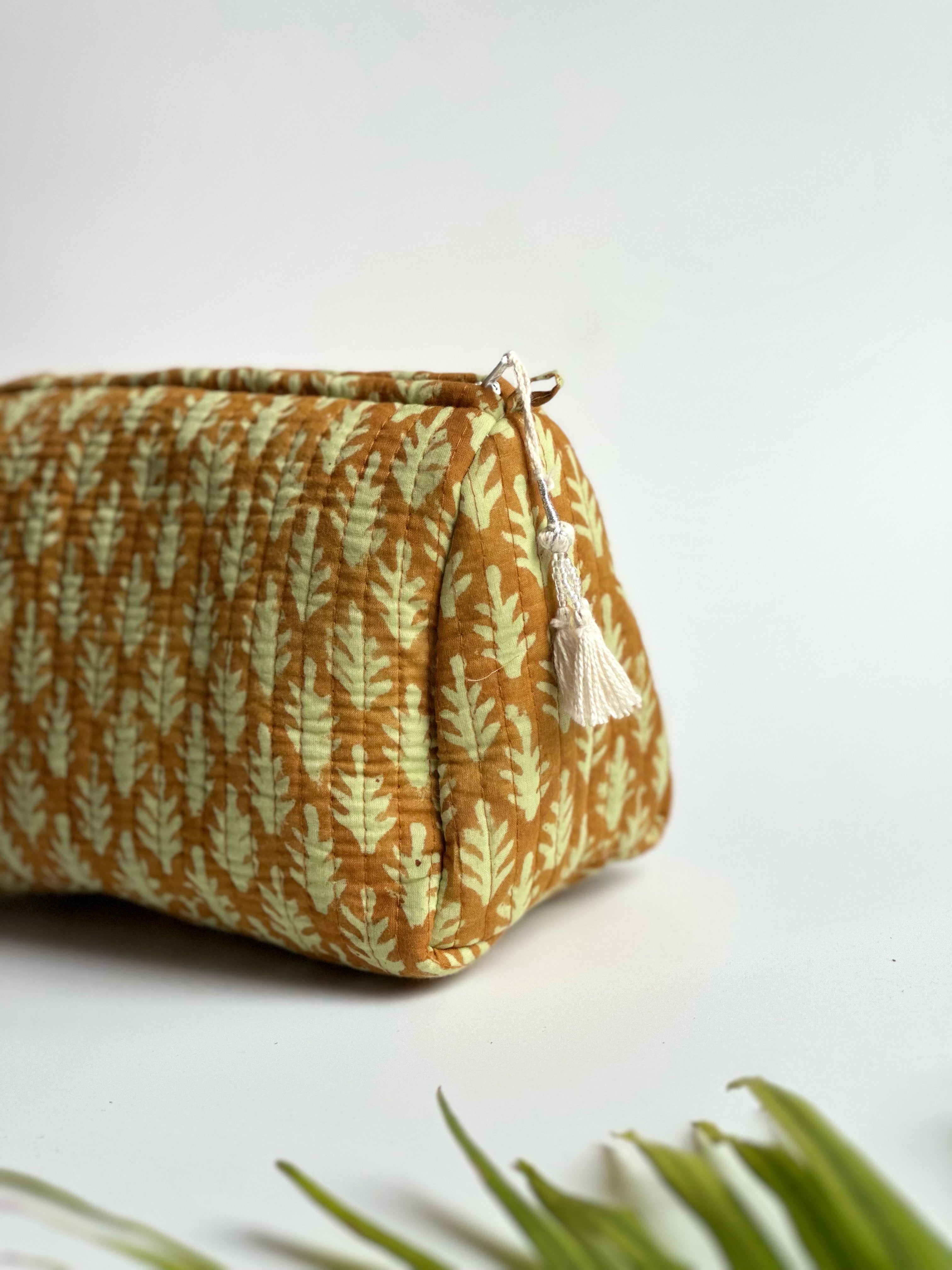 Golden Leaf Quilted Cosmetic Bag Set of 3