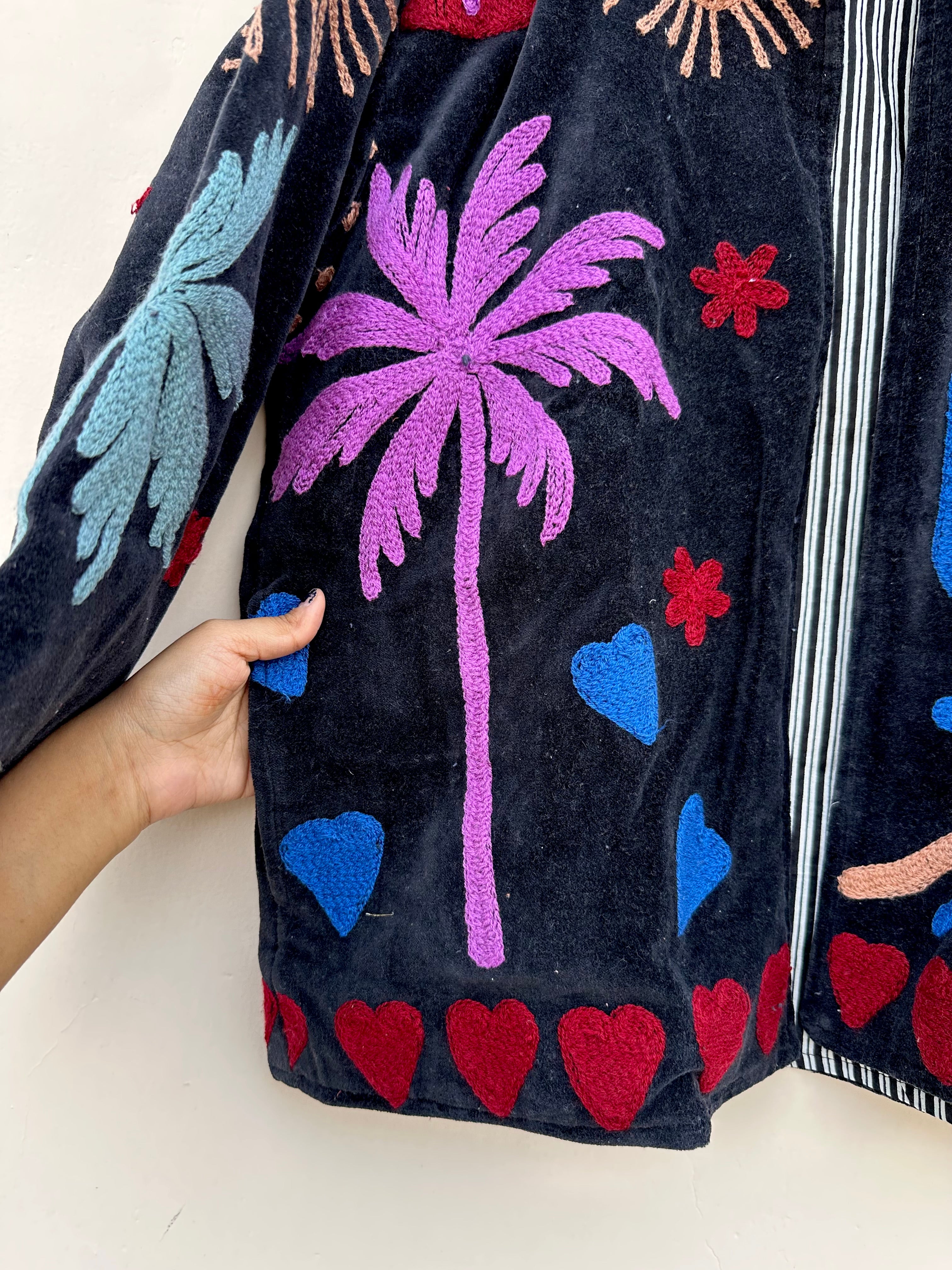 Tropical Sunset Embroidered Black Velvet Jacket