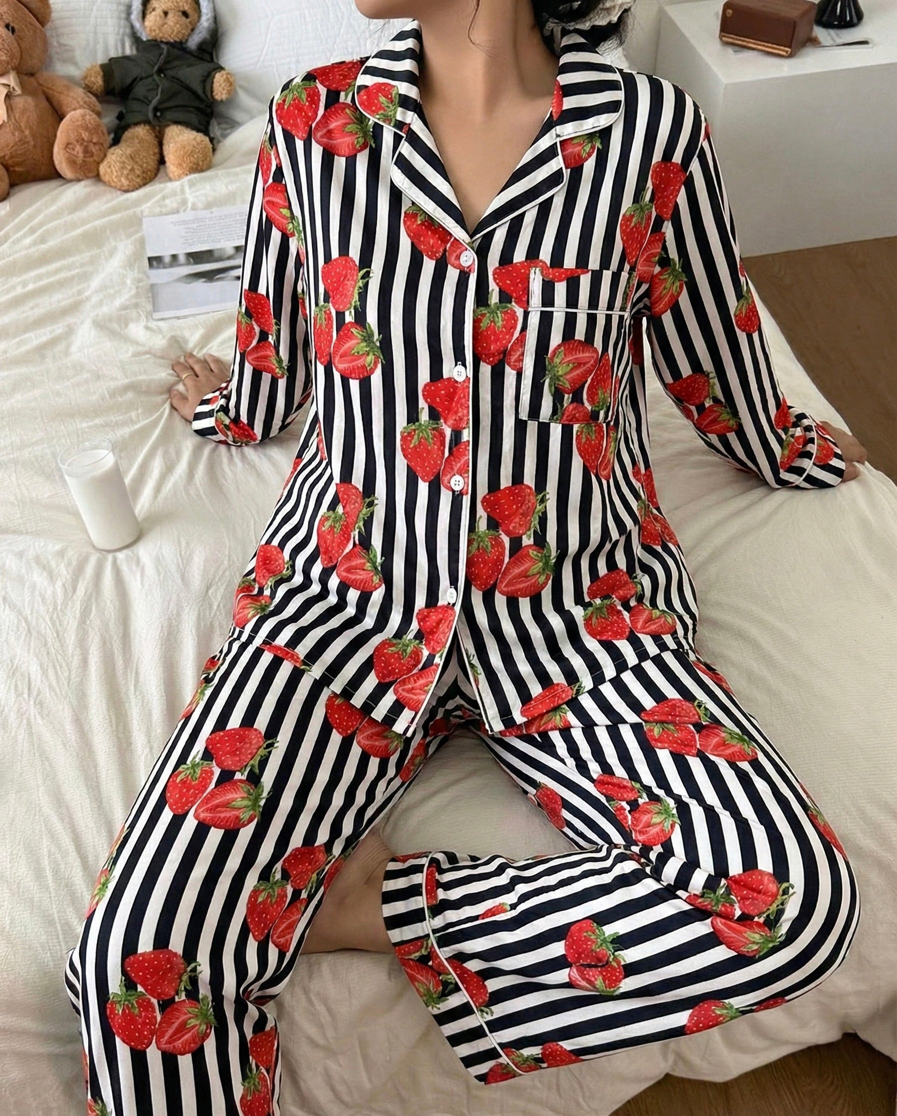 Strawberry striped cotton Black PJ set
