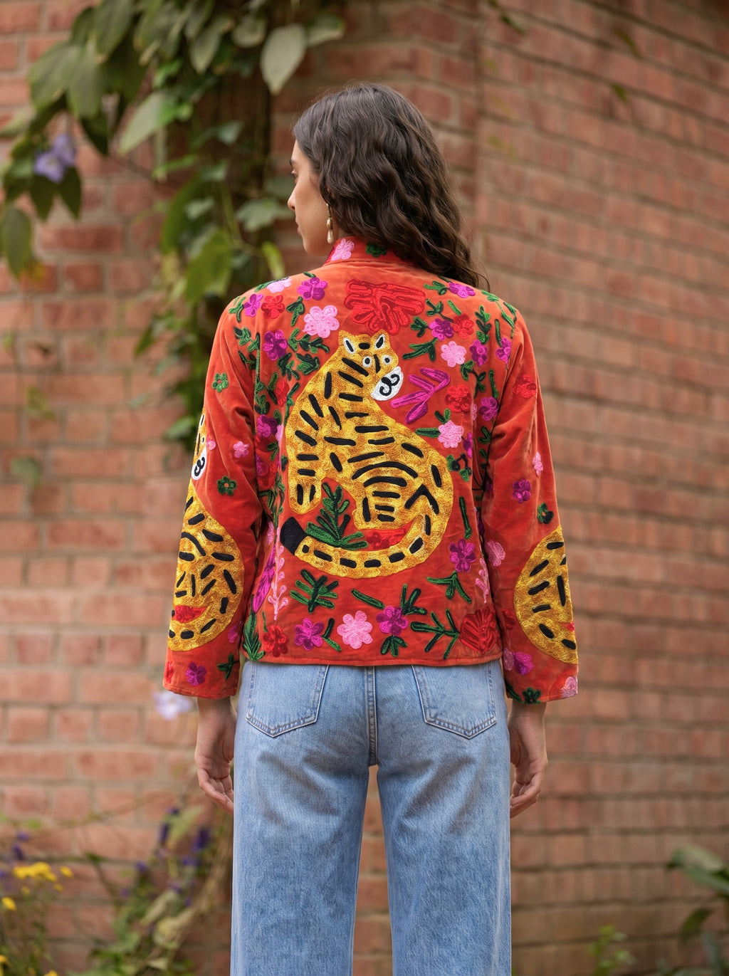 Rust Orange Tiger Garden Embroidered Jacket